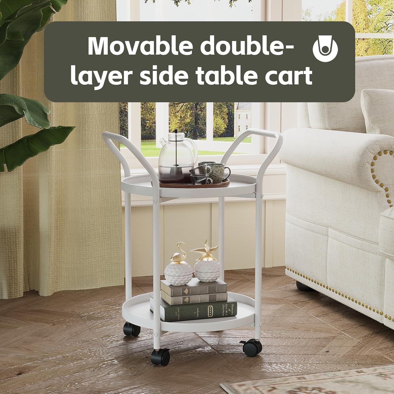 MKZYO 2-Tier Round End Table with Wheels and Handle,Movable Side Table for Living Room,Metal Steel Weather Resistant Portable Outdoor and Indoor Accent Table for Garden Balcony Yard (White)