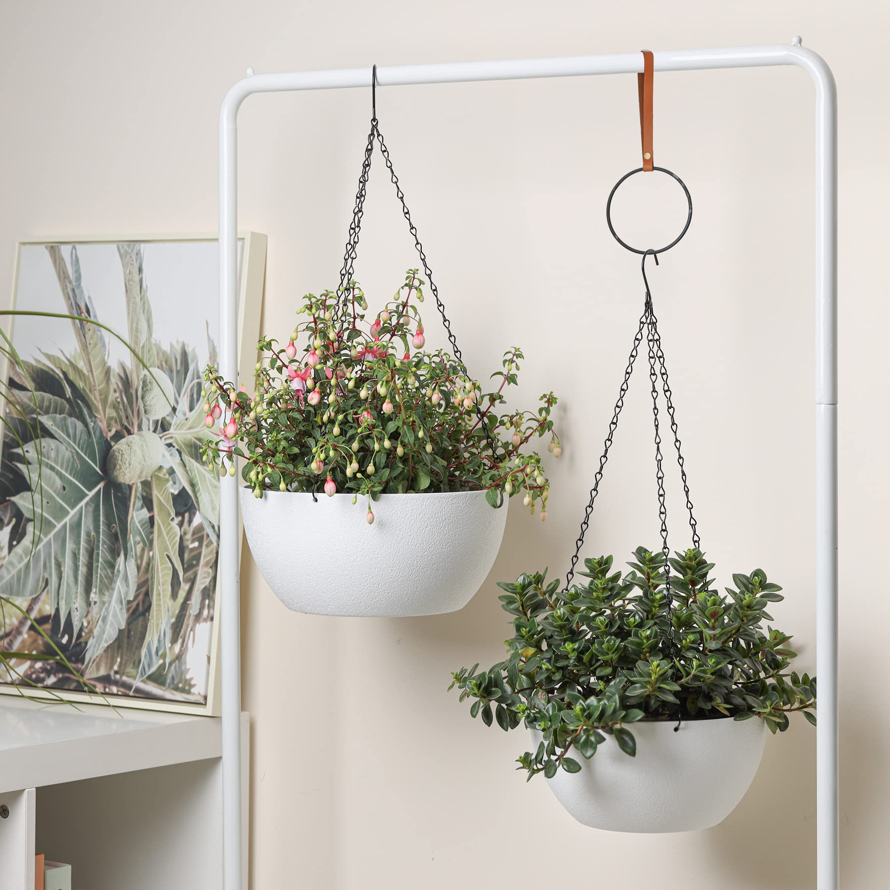 T4U Blumentopf Hängend Plastik 2er Set, Φ25CM Hängetopf Pflanzen Weiß, Blumenampel mit Haken Rund, Hängender Blumentopf, für Innen und Außenbereich, Deko Hängend, Hängetopf für Büro, Zimmerpflanzen