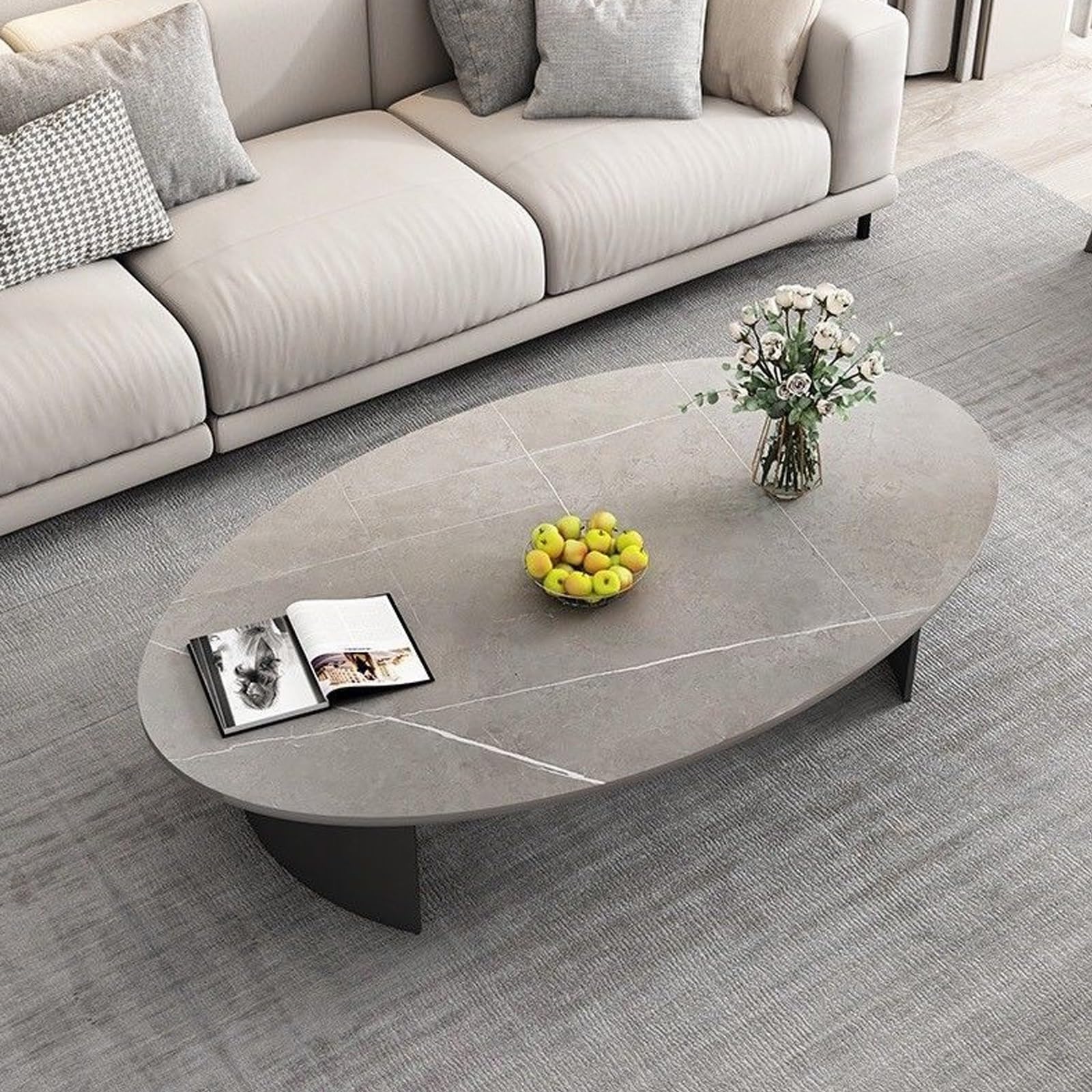 Mid-Century Oval Stone Coffee Table for Living Room - Small Space Cocktail Table with Curved Metal Base Rounded Edges & Marble Texture (51.2"x27.6"x15.7")