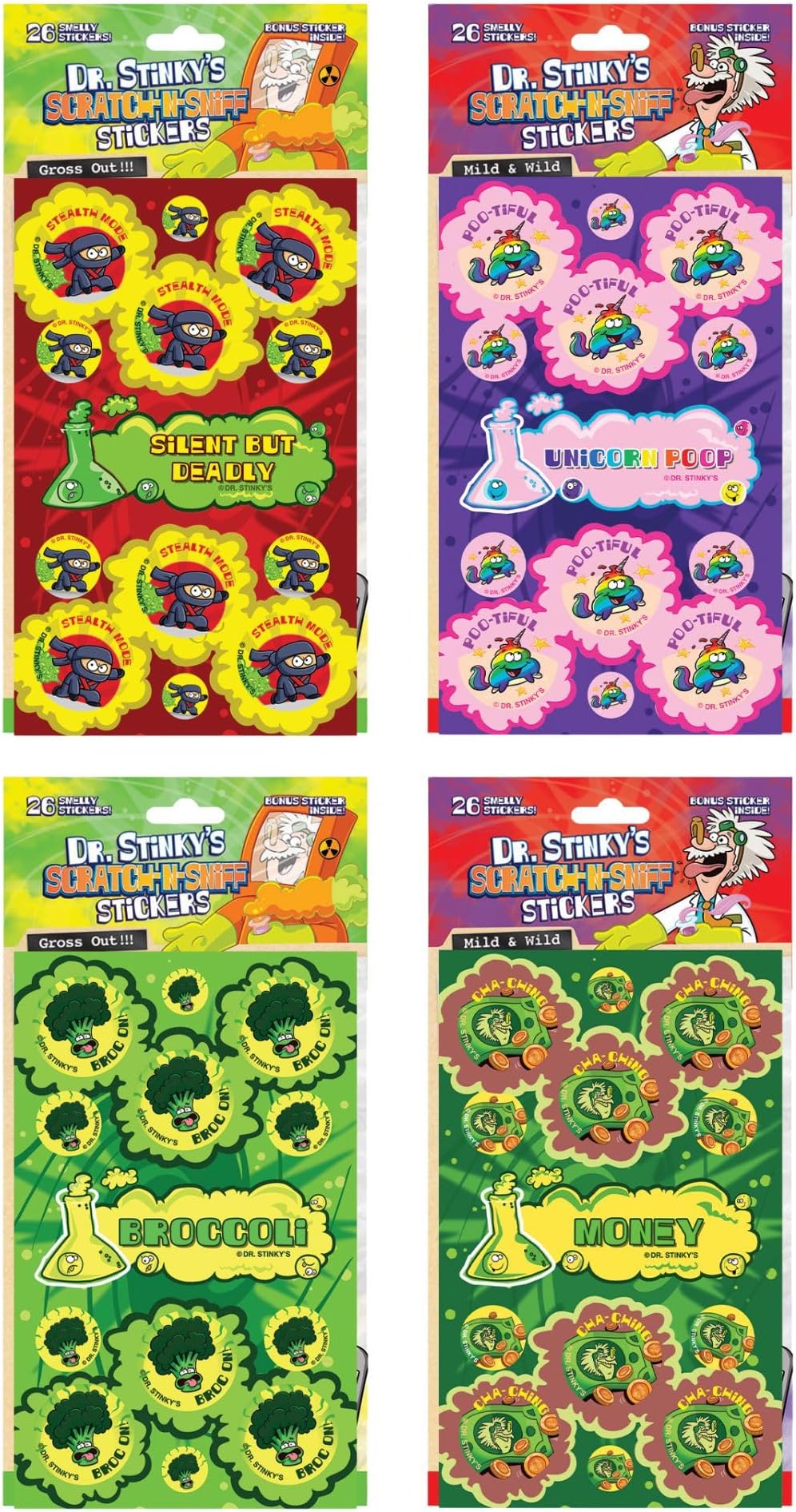 Dr. Stinky’s Scratch N Sniff Stickers Silly 4-Pack, Silent but Deadly Farts, Unicorn Poop, Broccoli, Money