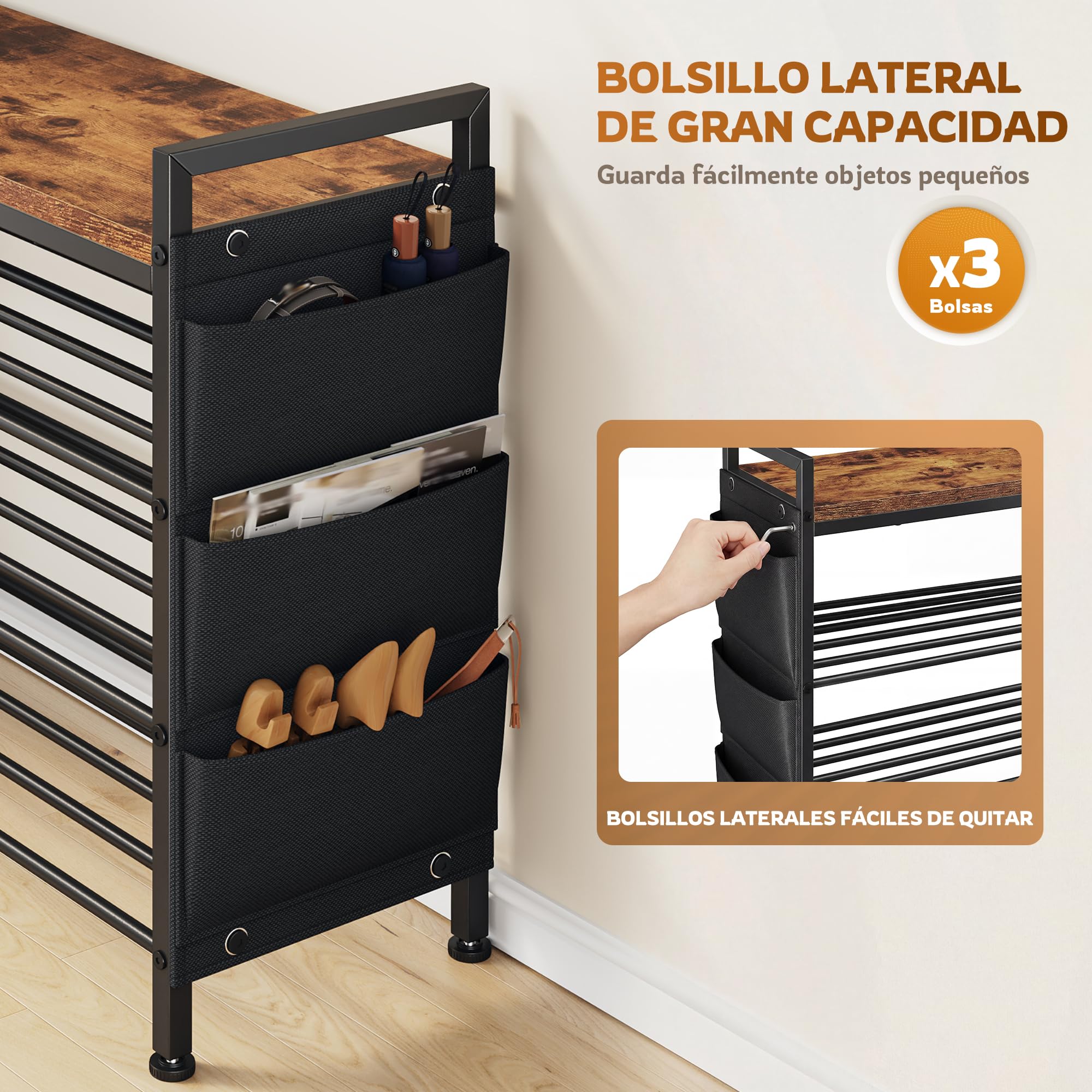 Zapatero Estrecho 4 Niveles para 12-16 Pares, Zapatero metalico Madera sólido y fácil de Limpiar, Zapatero Entrada recibidor con Bolsillos Laterales, 30 x 76 x 76,5 cm, para Entrada y Pasillo