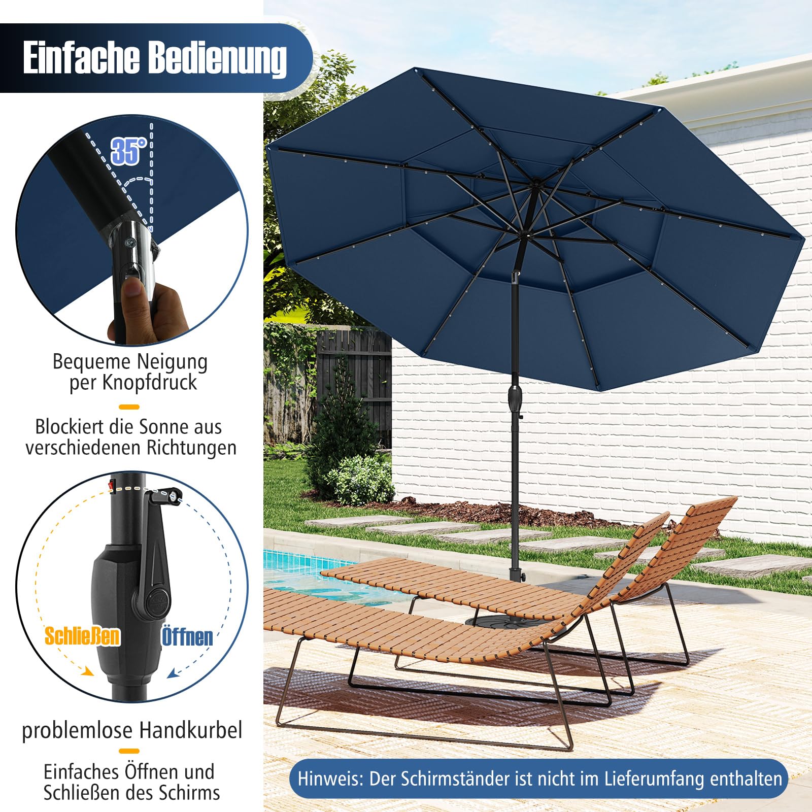 COSTWAY Parasol przeciwsłoneczny z oświetleniem solarnym LED, 300 cm, odporny na wiatr, stabilny, parasol tarasowy z korbą, obustronnie zginany o 35°, parasol balkonowy, do ogrodu, na balkon
