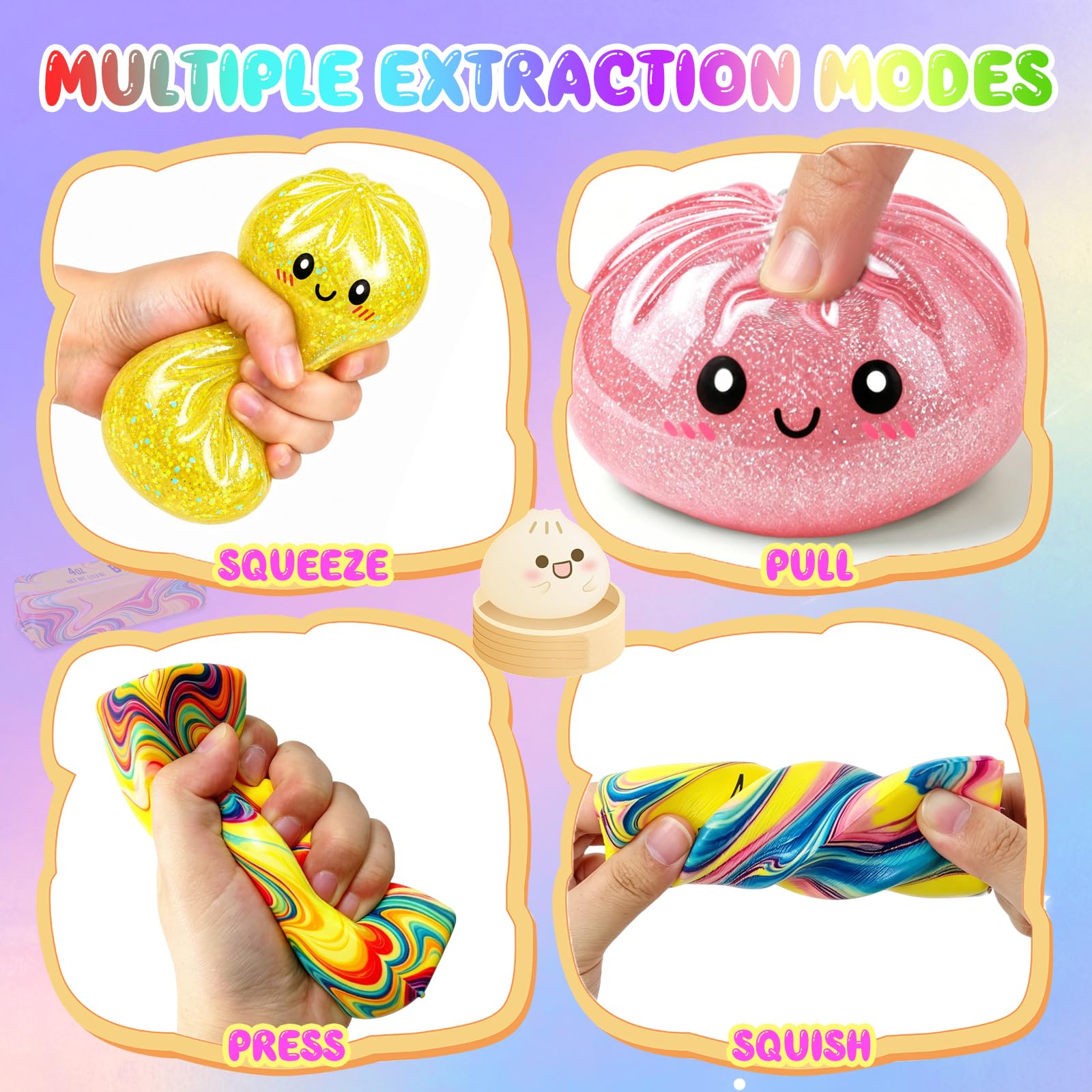 KutaKuta 4 PCS Glitter Squishy Bao Dumpling + Rainbow Butter Squishy, Decompression Sensory Toys with Steamer Box - Image 2