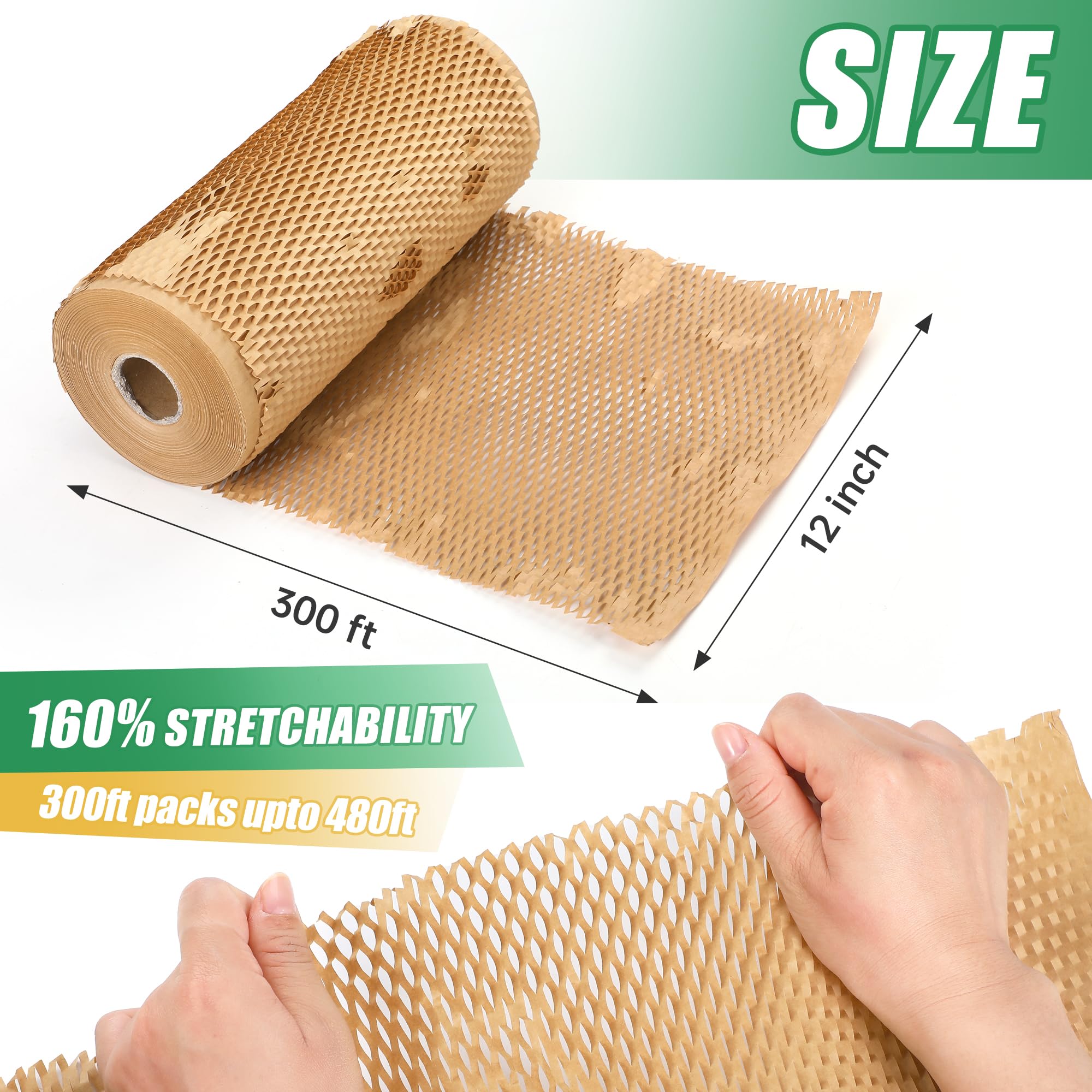 Papel de embalaje ecológico de panal de abeja de 12 x 300 pies (certificado FSC) + 40 calcomanías y cortador de seguridad, alternativa reciclable de envoltura de burbujas para mudanzas, correos