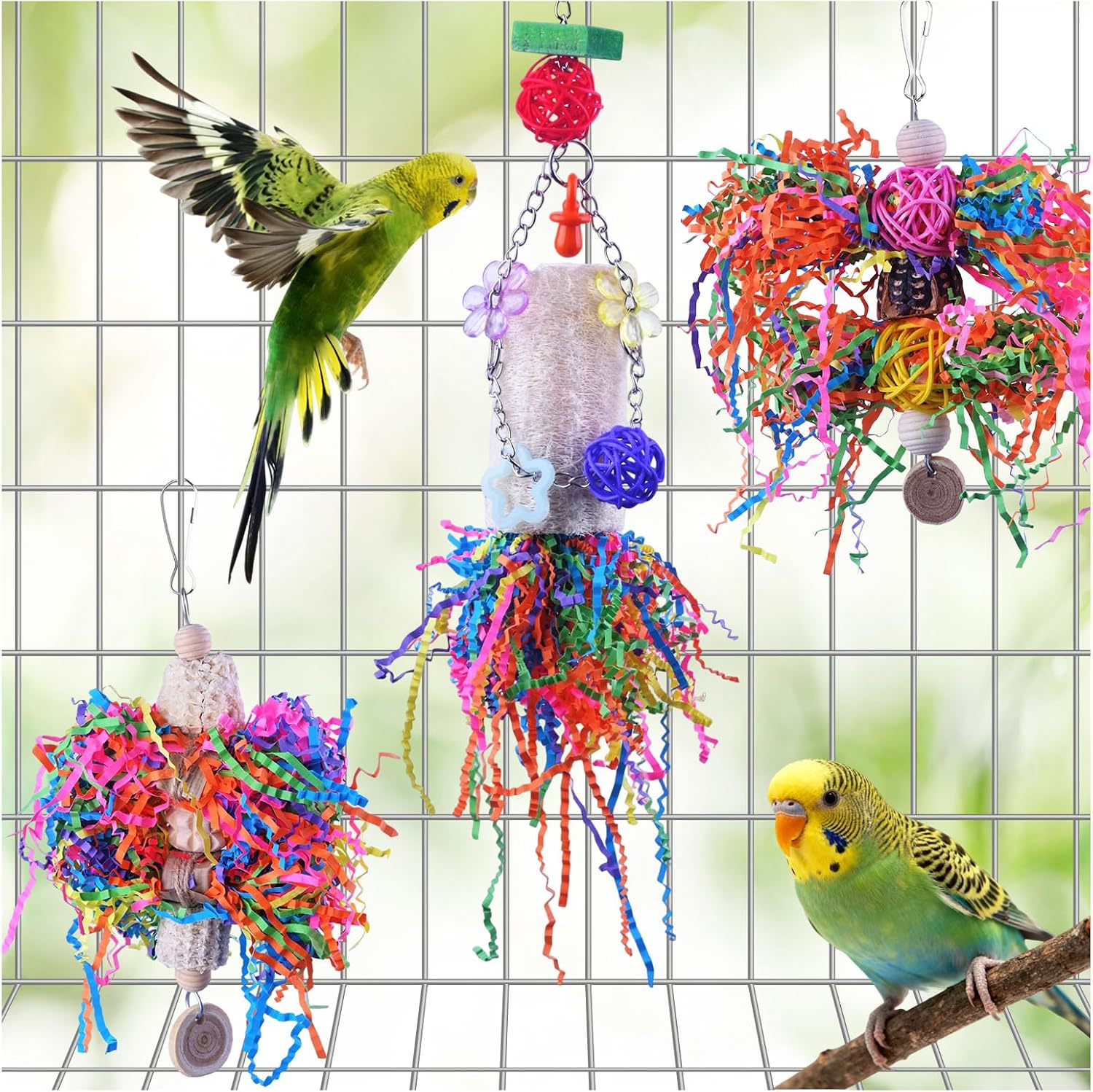 Bird Toys, Parakeet Foraging Toys, Hanging Chewing Toys with Natural Wooden Perches, Bird Cage Accessories, Suitable for Parakeets, Cockatiels, Budgies, Lovebirds & More