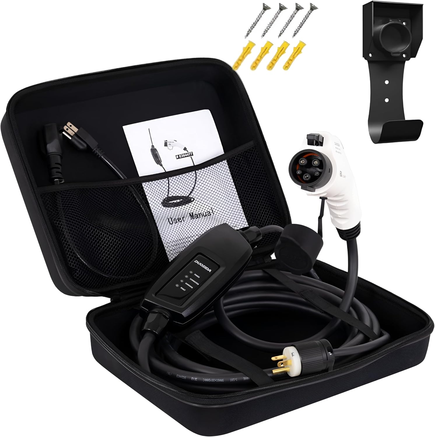 2025 Edition Duosida EV Charger Level 1 & 2 (16A 120–240V) | Portable J1772 Home Charger | NEMA 6-20 & 5-15 Adapter | 25FT Cable | Compatible with All EVs Including Tesla (with Adapter)