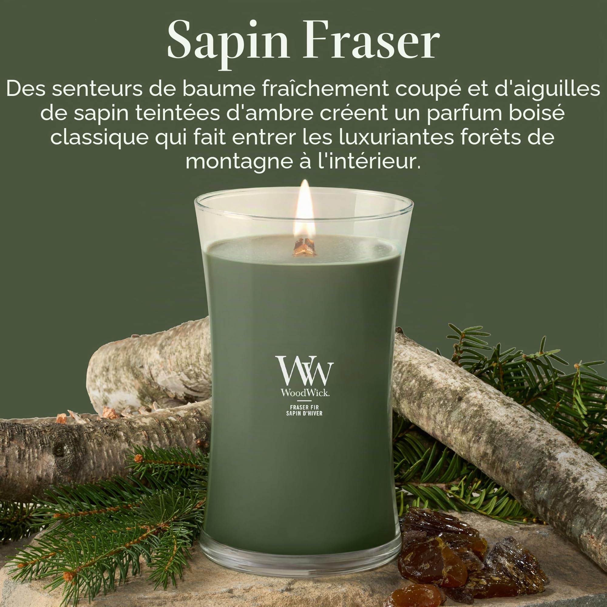 WoodWick grande bougie parfumée sablier avec mèche crépitante | Sapin de fraser | Jusqu'à 130 heures de combustion