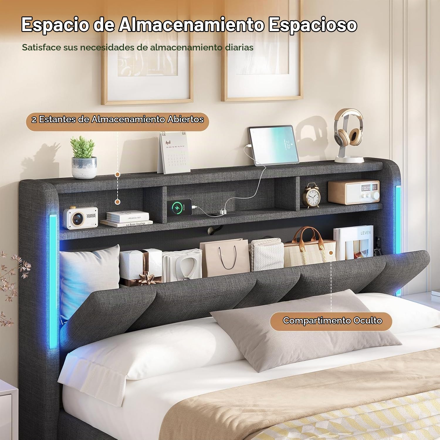 AOGLLATI Cama Canape con Diseño Hidráulico y Iluminación LED, Camas Matrimoniales 140x190 cm con Cabecero Tapizado y Espacio de Almacenamiento, Estructura Cama con Estación de Carga, Gris Oscuro