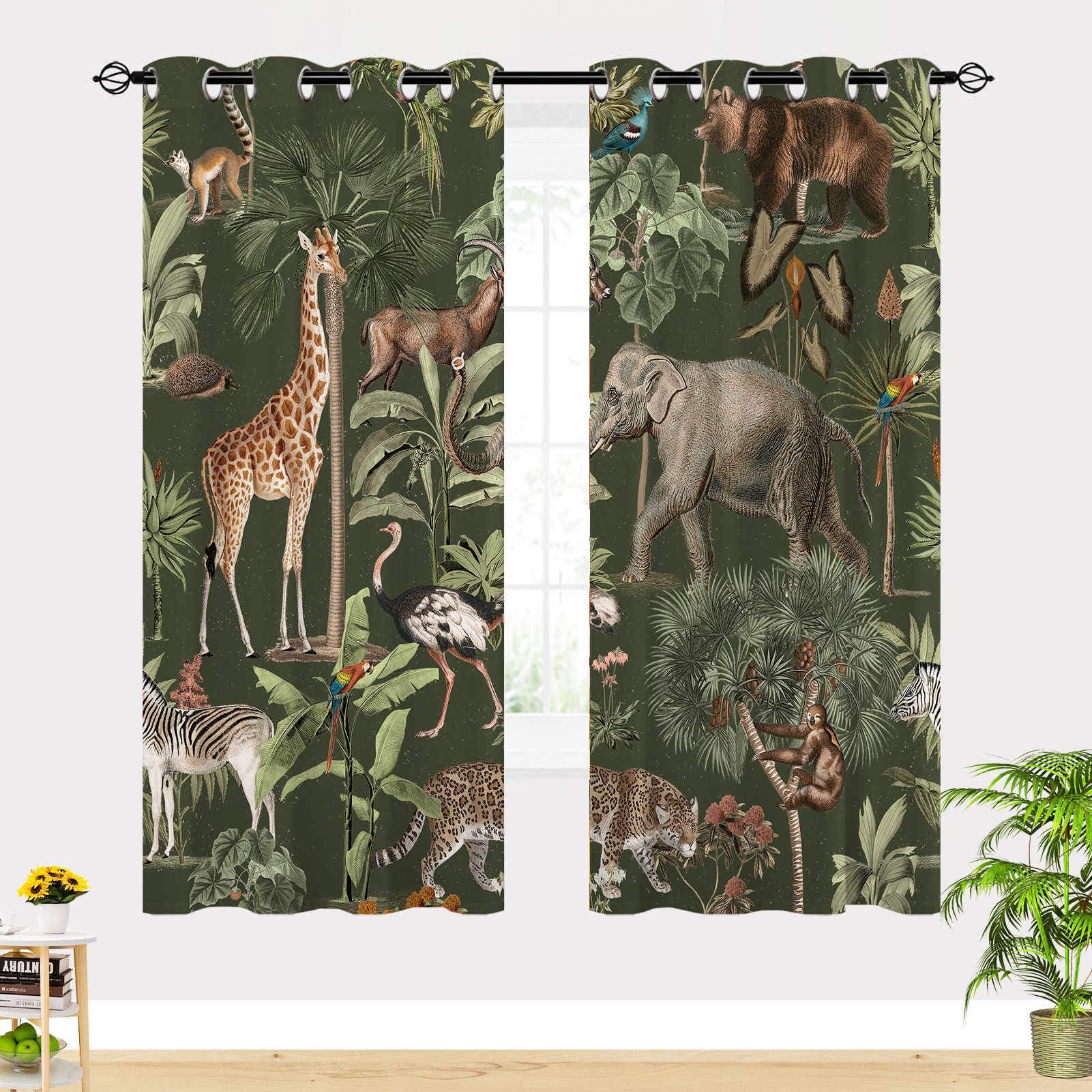 Safari Wild Tier Vorhänge Bär Giraffe Dschungel Ösen Gardinen mit Blickdichte Vorhang Kälteschutz Blackout Curtain Kinderzimmer Schlafzimmer Verdunkelung Fenster, 2 Stück, H 245 x B 140 cm