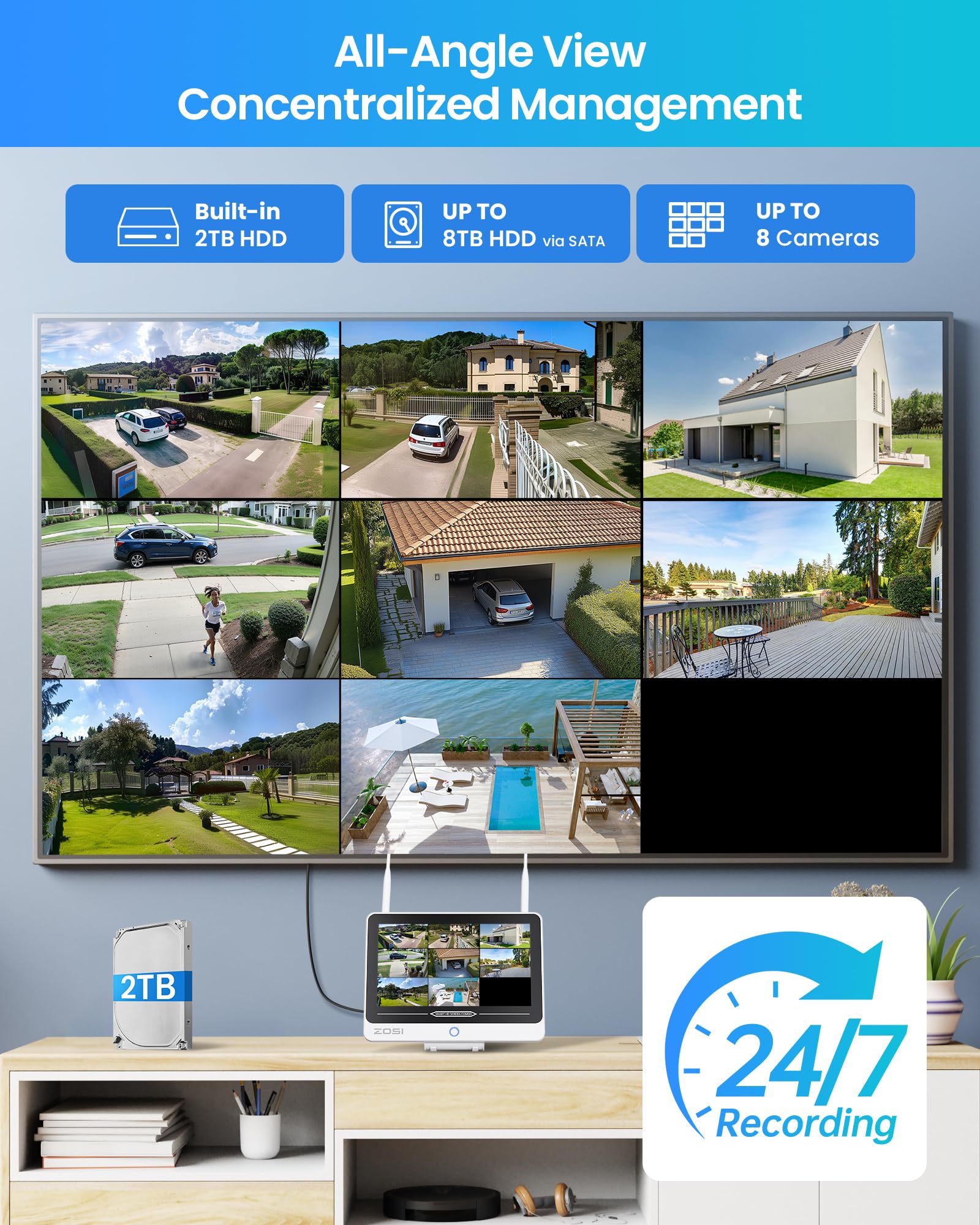 ZOSI Kit Cámaras de Vigilancia WiFi-6 Exterior 8X 5MP Cámara Seguridad IP con 8CH 4K NVR 2TB HDD y 12'' Monitor, 360° Pan y Tilt, Detección y Seguimiento de Persona, Audio Bidireccional