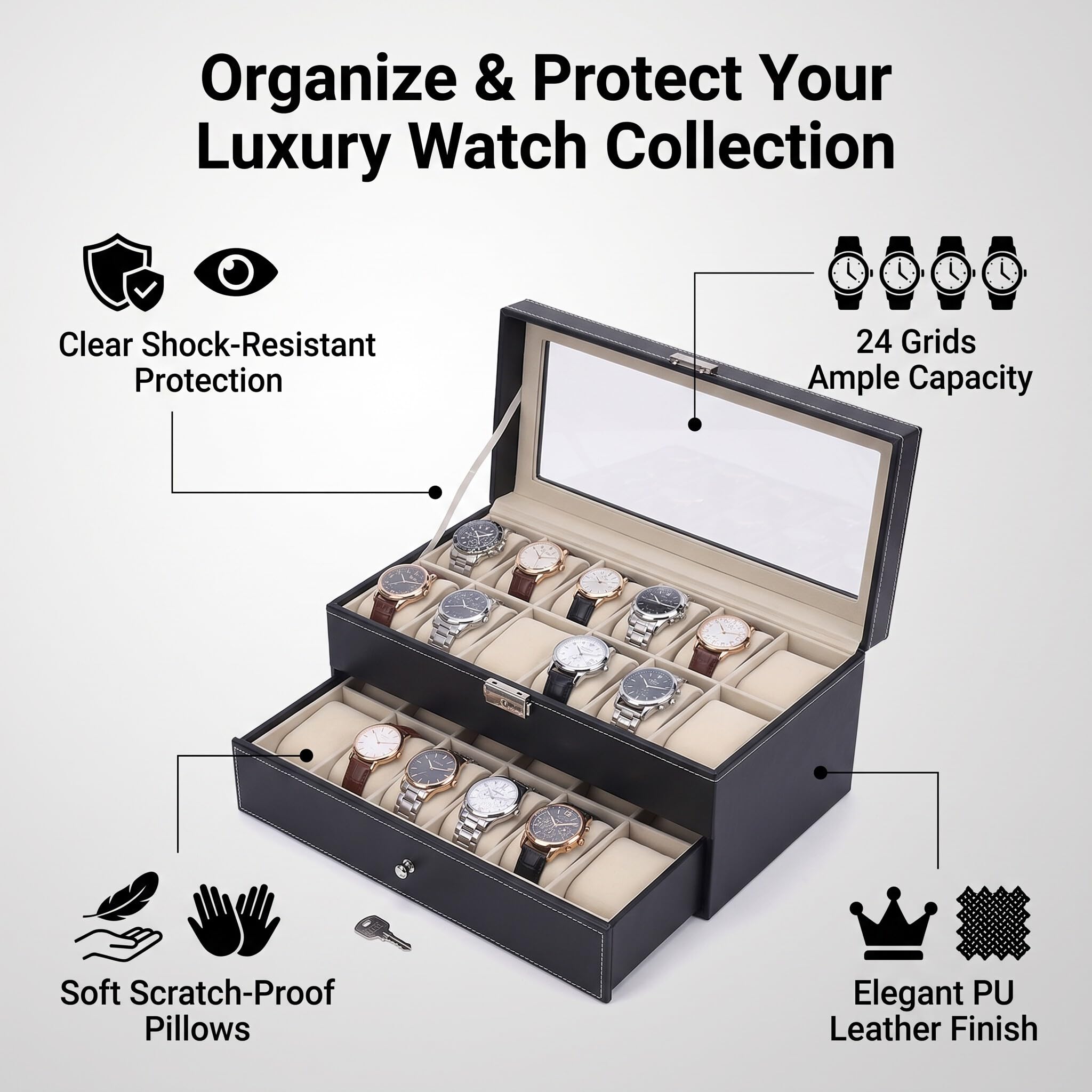 Ejoyous Caja de reloj para 24 relojes, caja de almacenamiento de relojes con tapa de cristal, caja de visualización con piel sintética y cojín de reloj de terciopelo para collar de pulsera
