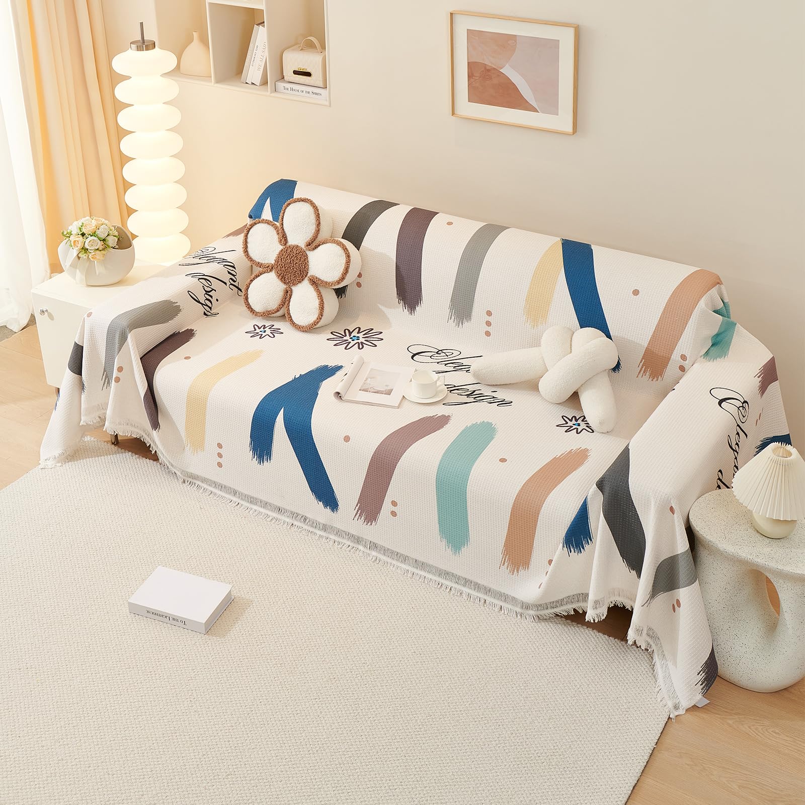 Vanderhome Rainbow Premium Sofa Throw With Tassels - Waffle Pique Blanket, Breathable, Abrasion Resistant, Crease Resistant, Cat Scratch Resistant, Machine Washable Sofa Blanket 180 * 260Cm