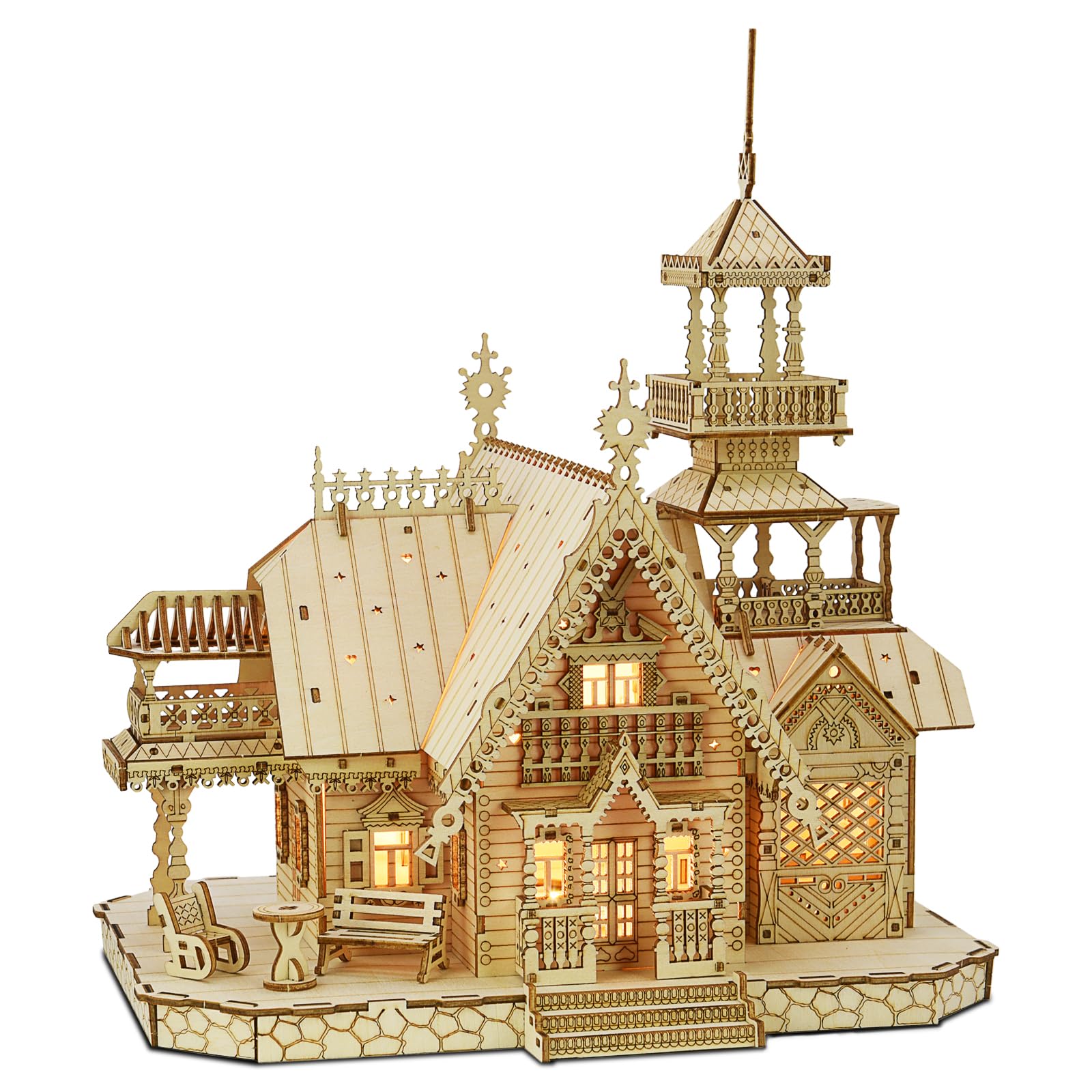 3D Wooden Puzzle for Adults, Victorian Villa DIY Model with LED Night Light, Miniature Diorama Kit, Decorative Craft for Adults and Kids, Valentine's