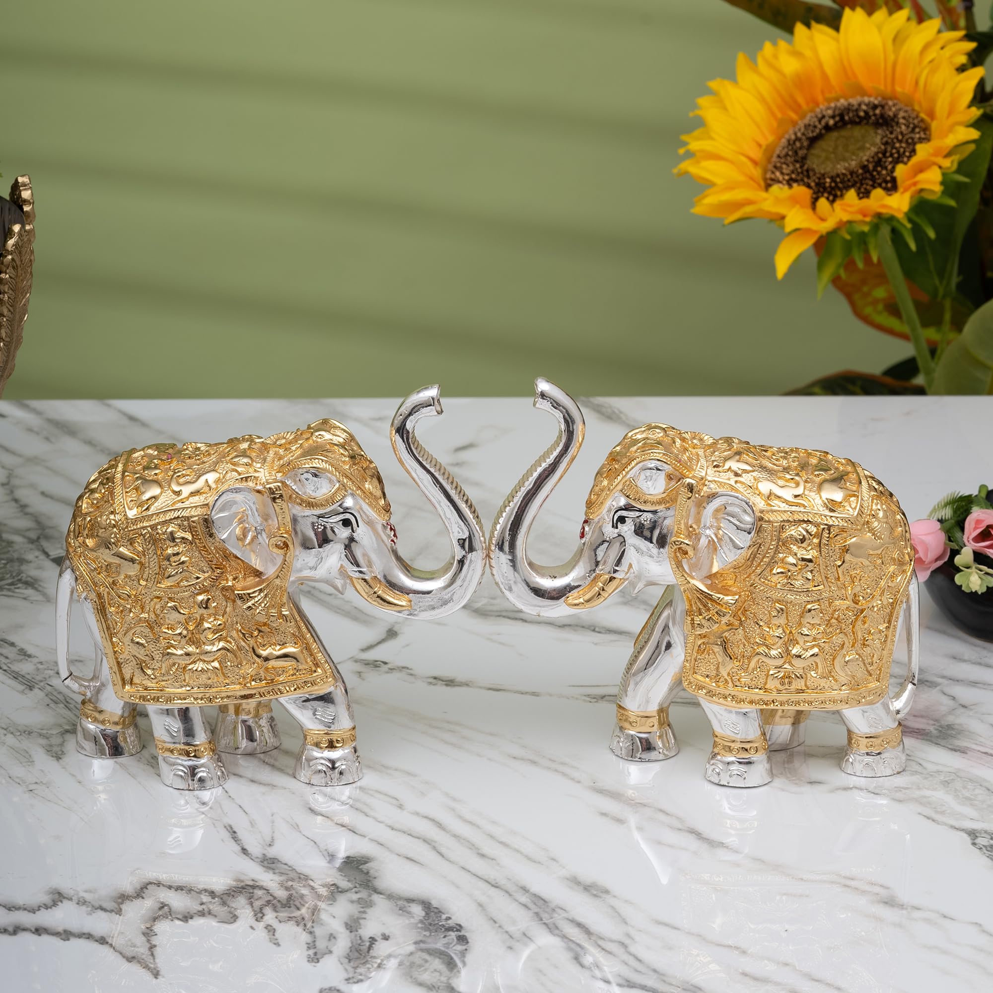 Idolkart Pure Gold & Silver Coated Elephant Showpiece - Elephant Decorative Items for Home - Elephant Statue for Good Luck, Pooja - Two Vastu Elephants - 3 inch (Set of 2 Elephants), Vastu Idols