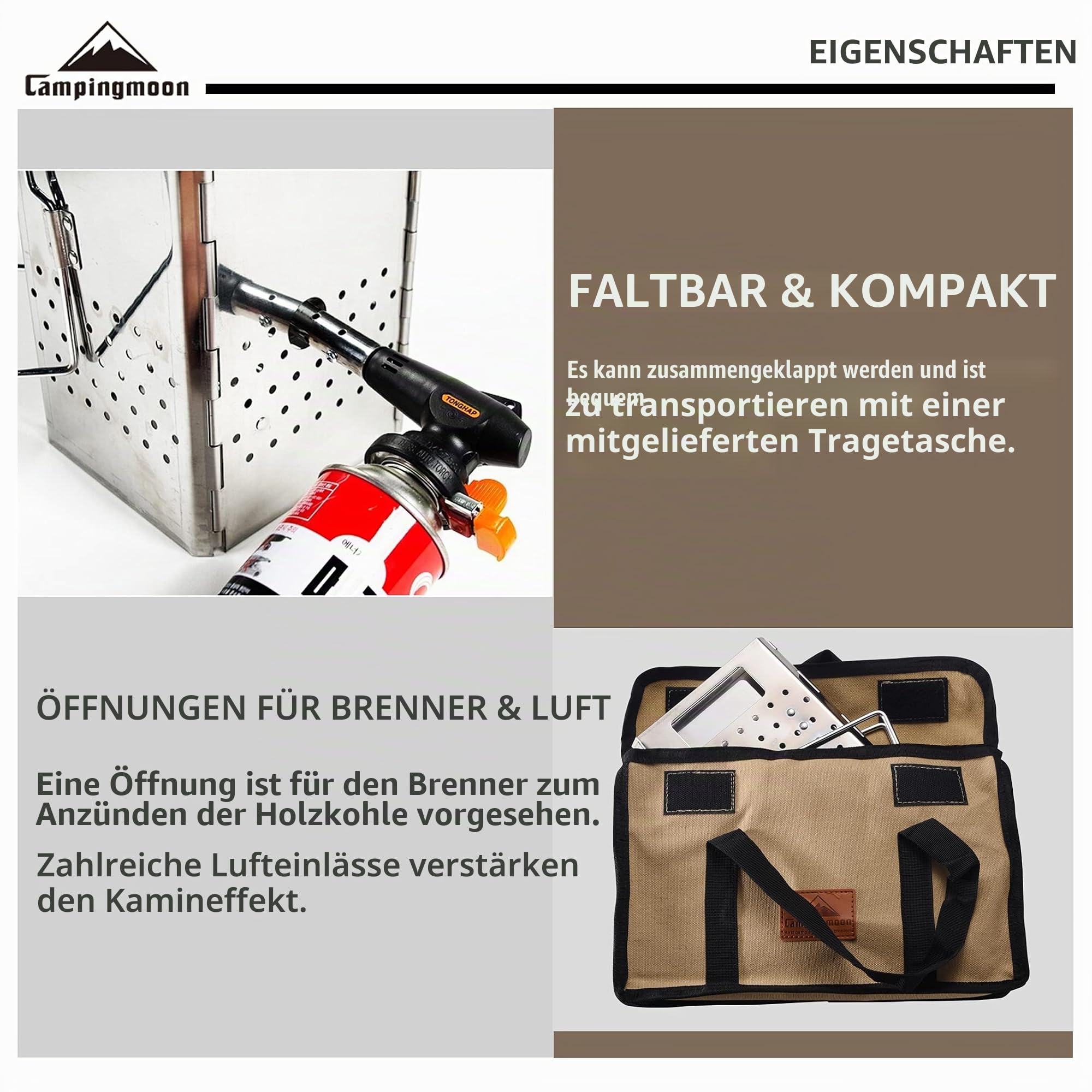 camping moon Tragbarer Holzkohle-Kaminanzünder aus Edelstahl MT-18
