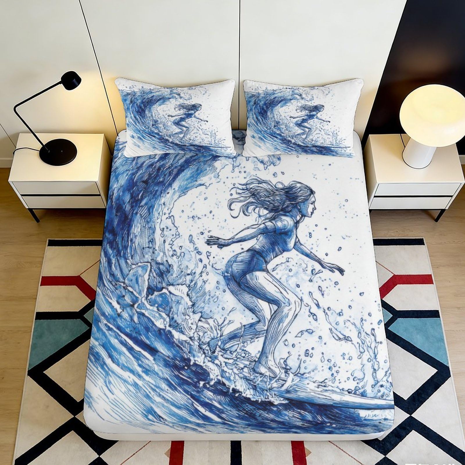 3D Printed Surf Wave Fitted Sheet Microfiber Soft Blue Ocean Girl Mattress Cover for Bedroom Guest Room Decor 90x200x25cm