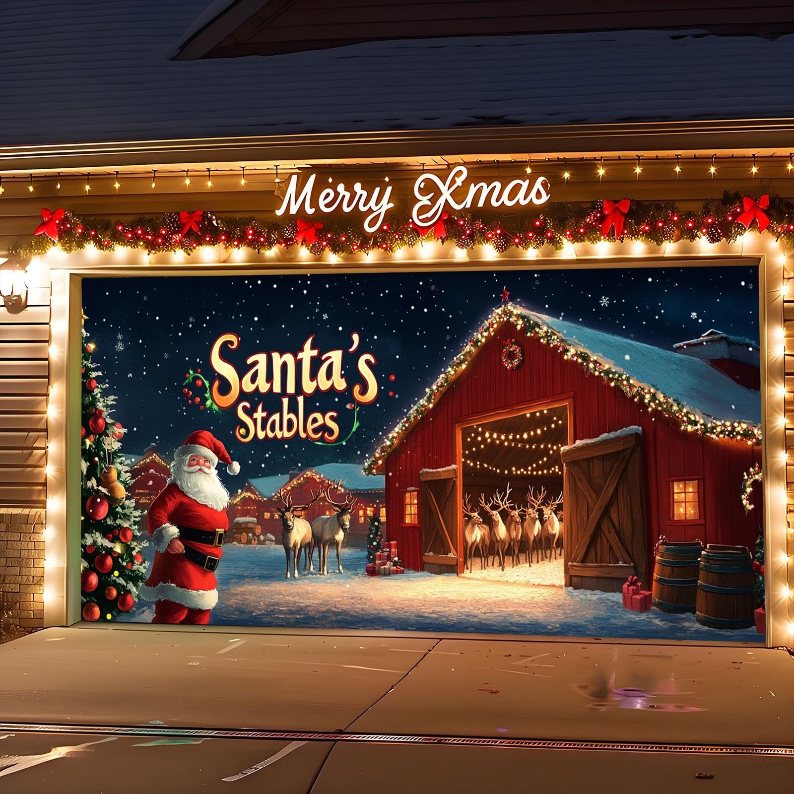 Christmas Garage Door Cover Decorations Holiday Garage Door Banner, Winter Santa Claus Snowman Christmas Garage Door Mural Backdrop for Outdoor Indoor Home Holiday Party Photo Wall Background