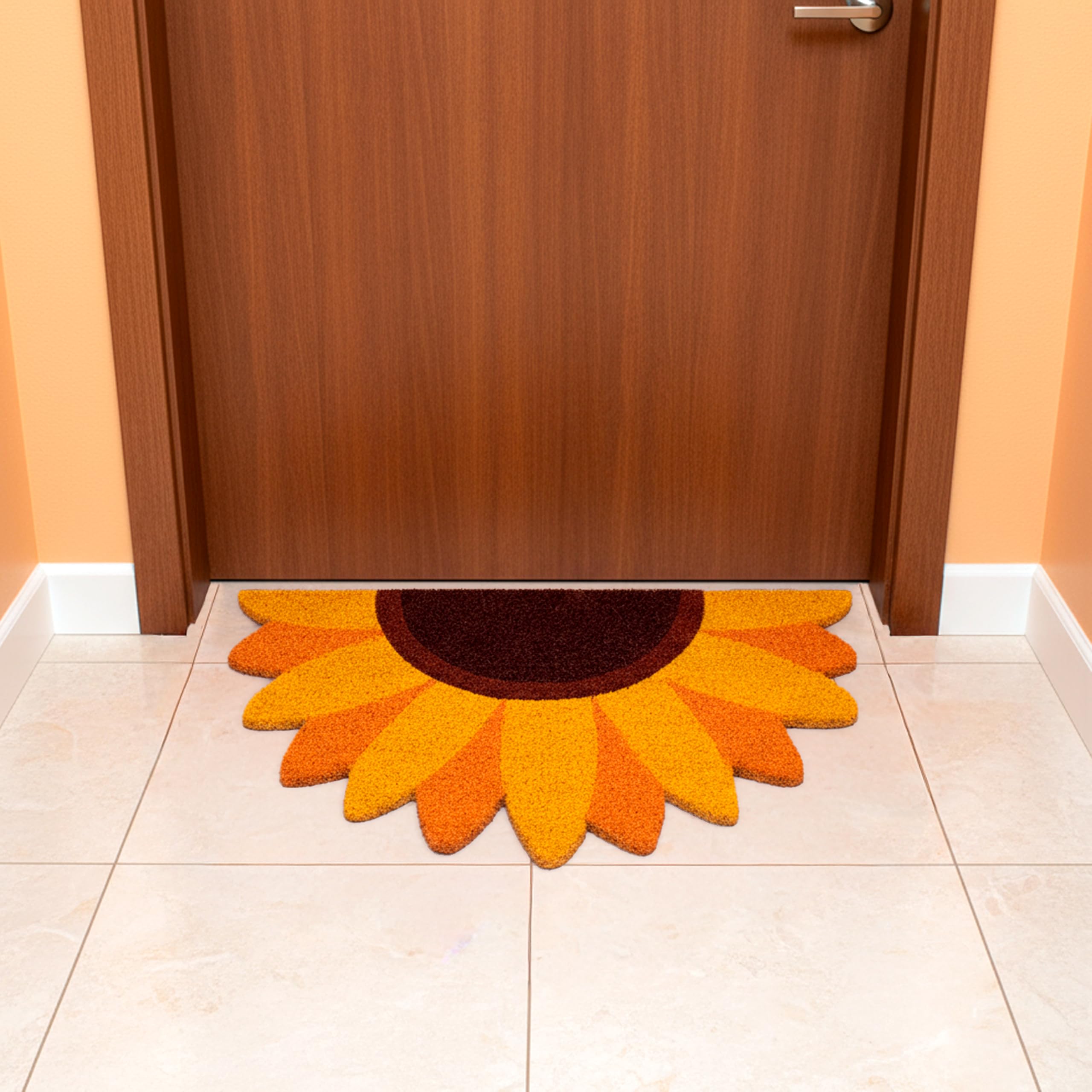 Fisura - Zerbino ingresso casa in cocco "girasole" con supporto antiscivolo in PVC. Zerbino dalla forma originale. Dimensioni: 70 cm x 40 cm x 1,5 cm. Giallo.