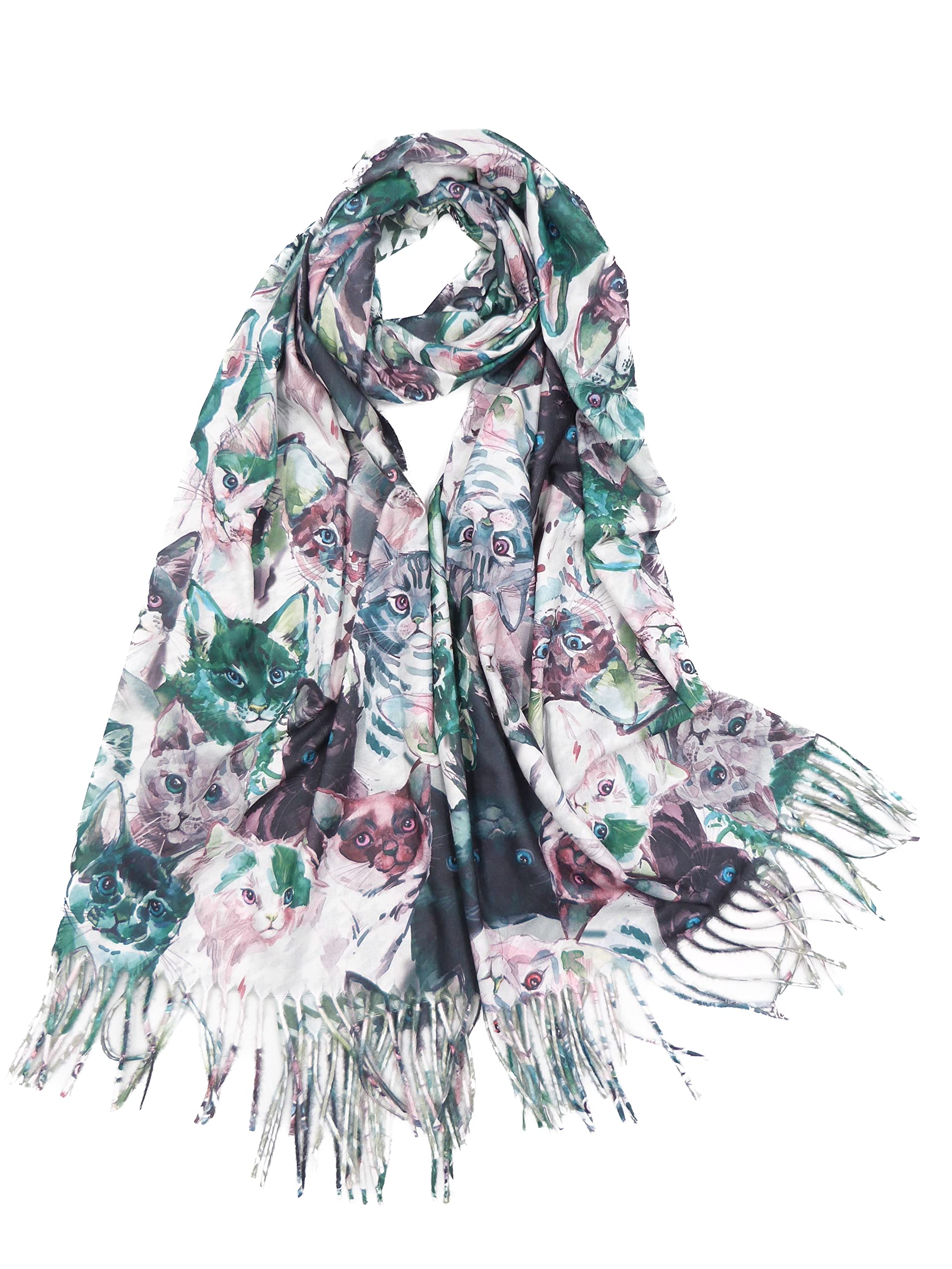Claudia & Jason Cute Cat Animal Print Long Soft Cashmere Feel Scarf Wrap Pashmina For Cat Lovers