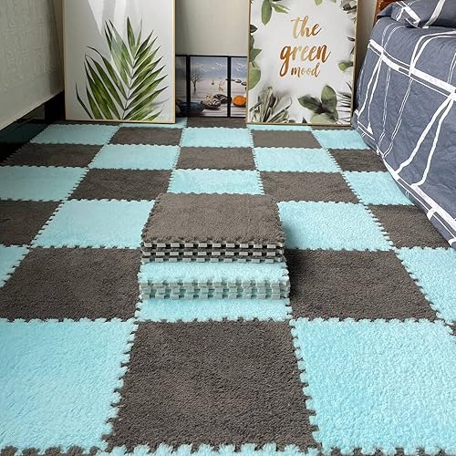 Juego de 10 azulejos de espuma de pelusa entrelazada, 0.4 pulgadas de grosor, cómodo, agradable al tacto, tapete antideslizante para suelos