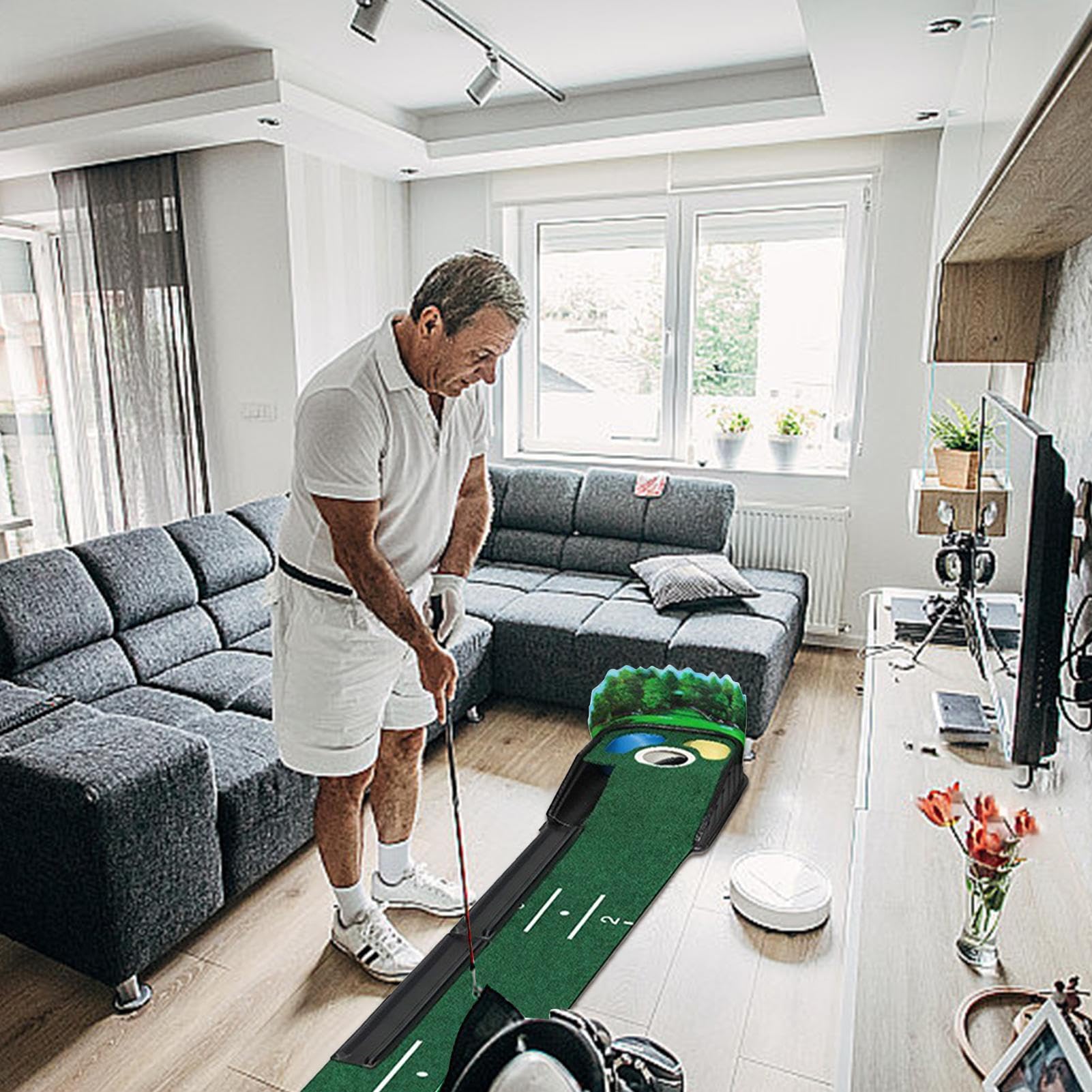 Putting-Matte für den Innenbereich, Grün für den Innenbereich, luxuriöser | Velours-Teppich mit Massivholzbasis, mit automatischer Ballrückführung, Golf-Zubehör