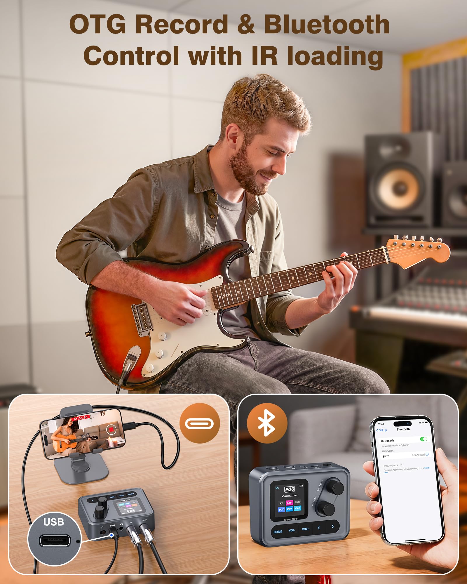 New Bee Pedale Chitarra Elettrica 6 Moduli Effetti 80 Preset Effetti Chitarra Elettrica Ricaricabile Multieffetto Pedale per Chitarra Registrazione interna OTG