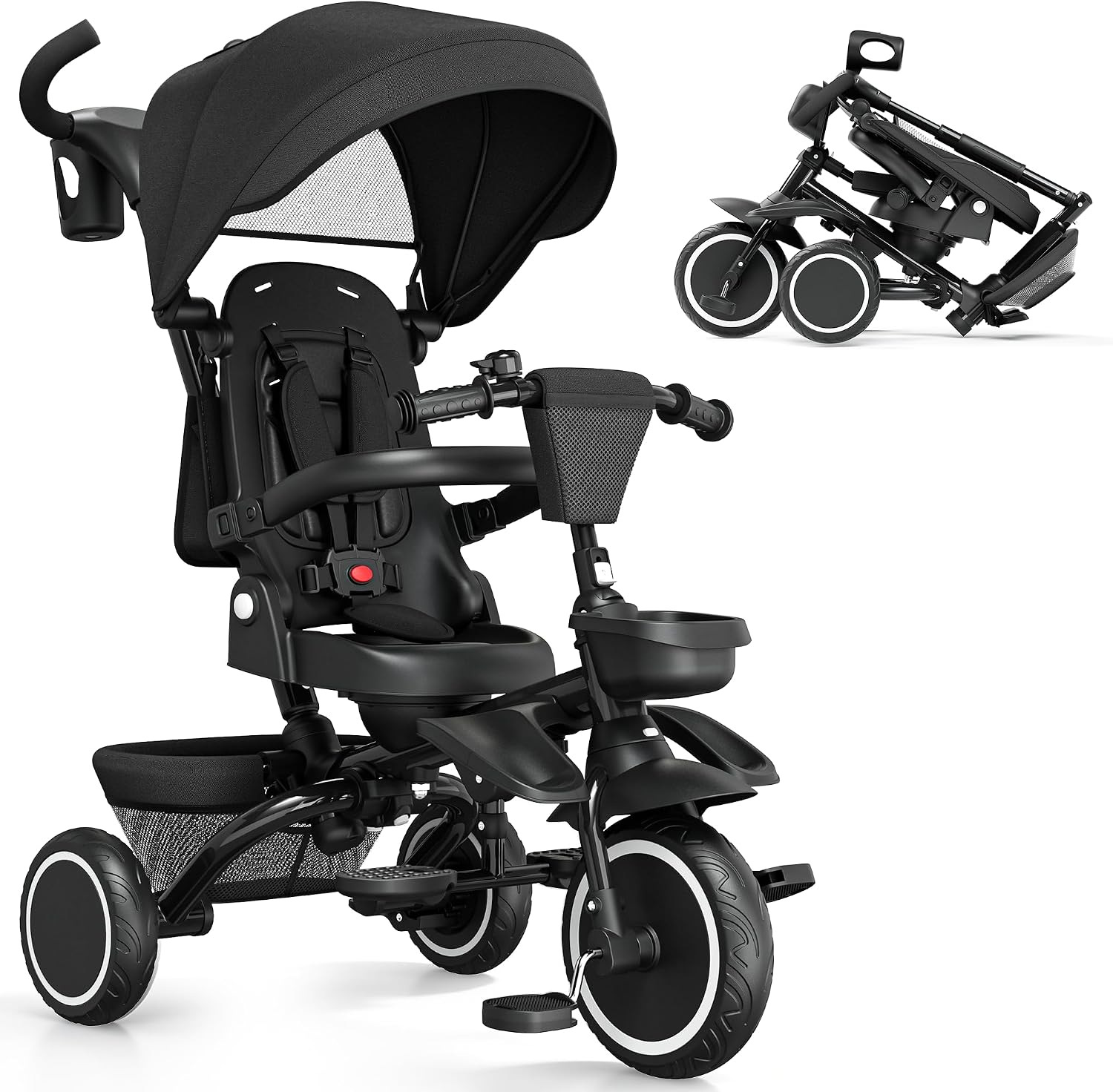 TODEFULL Folding Kids Tricycle, 8 in 1 Toddler Trike W/Removable & Adjustable Canopy, Parent Handle, 5-Piont Harness, Toddler Bike Tricycle for Kids 1-6 Years, EVA Wheels, Storage Basket, Black