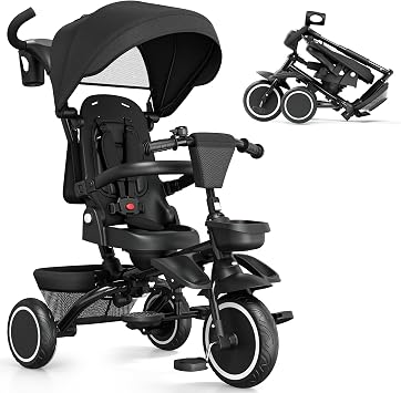 TODEFULL Folding Kids Tricycle, 8 in 1 Toddler Trike W/Removable & Adjustable Canopy, Parent Handle, 5-Piont Harness, Toddler Bike Tricycle for Kids 1-6 Years, EVA Wheels, Storage Basket, Black