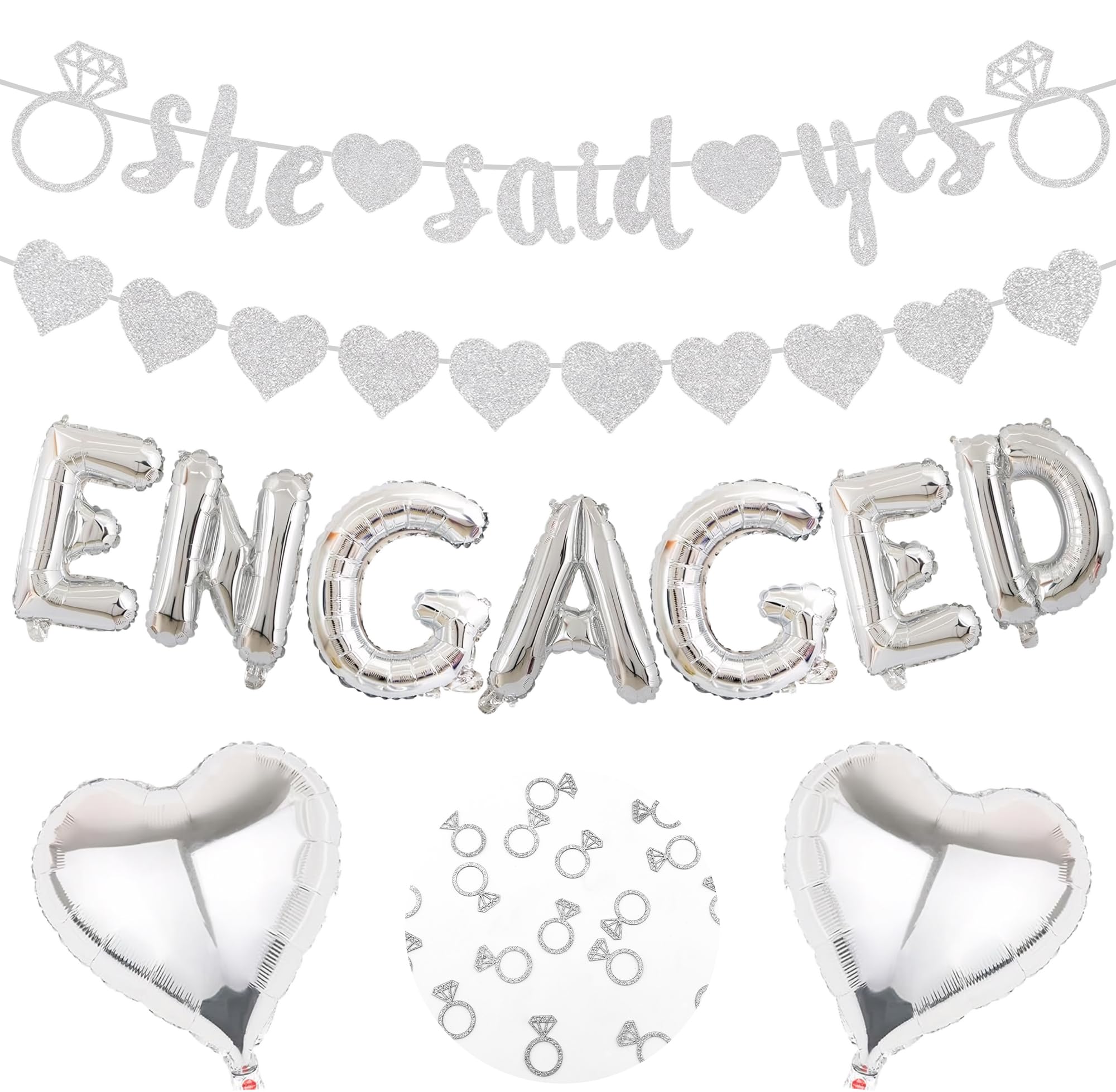Engagement Party Decorations, Silver Engaged Decoration Set, Glitter She Said Yes Banner, Engaged Balloons, Hearts Garland, Diamond Ring Confetti for Proposal Bridal Shower Party Supplies