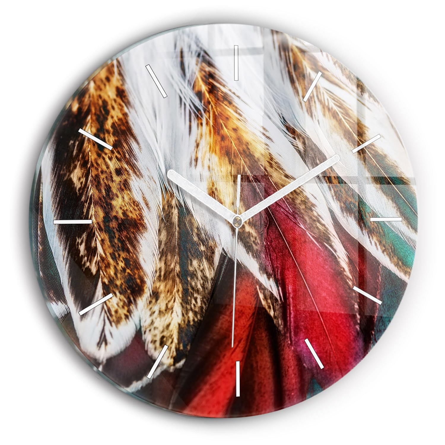 Horloge en verre 30 cm Wallfluent plumes d'oiseau brun clair pour salon