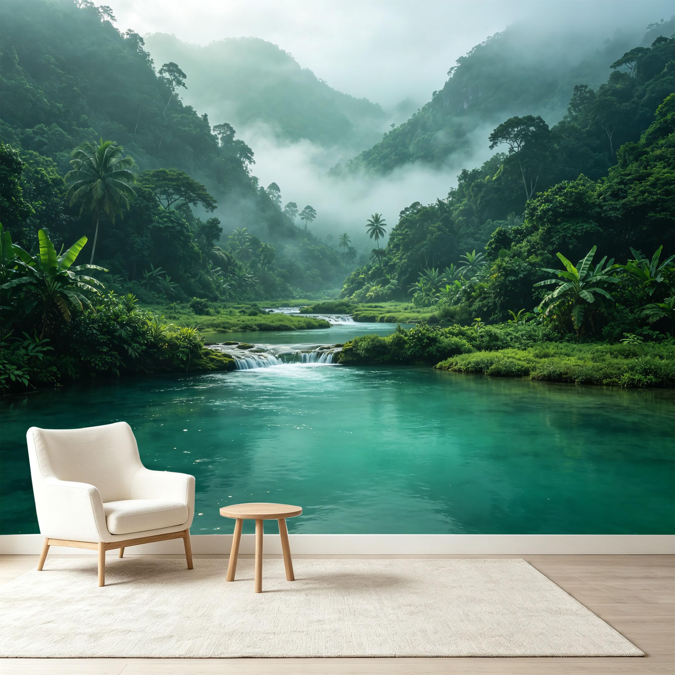 Custom Size Wall Murals Tropical Rainforest Landscape Misty Mountain River Self-Adhesive Wall Fabric Removable Wallpaper Wall Decor for Living Room Bedroom Bathroom