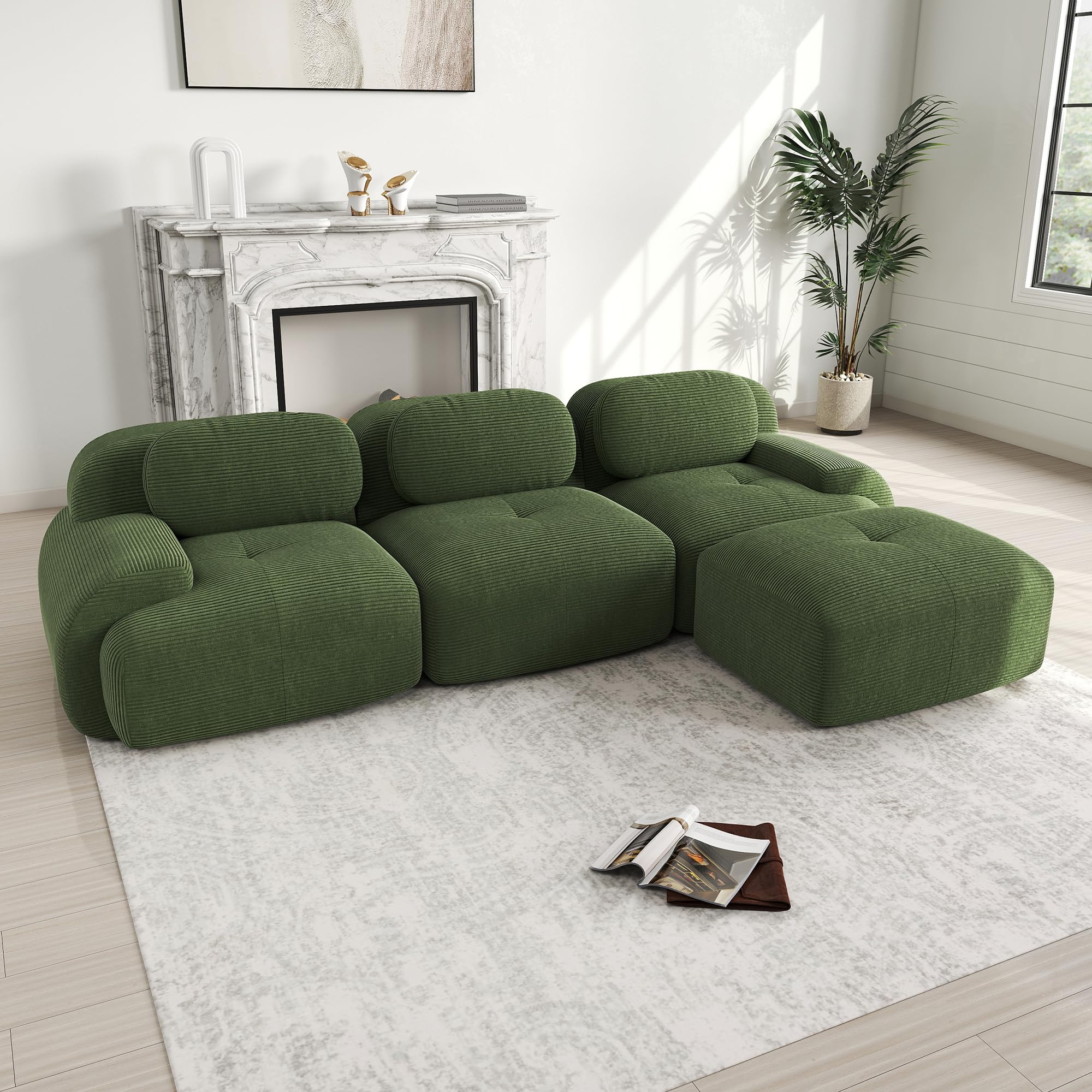 Bladez Sofá moderno de cuerda de 3 plazas Modular sofá esquinero en forma de L con puf Otomano, Sin montaje, sofá Cloud combinable, para salón (Verde, 3 plazas+1)
