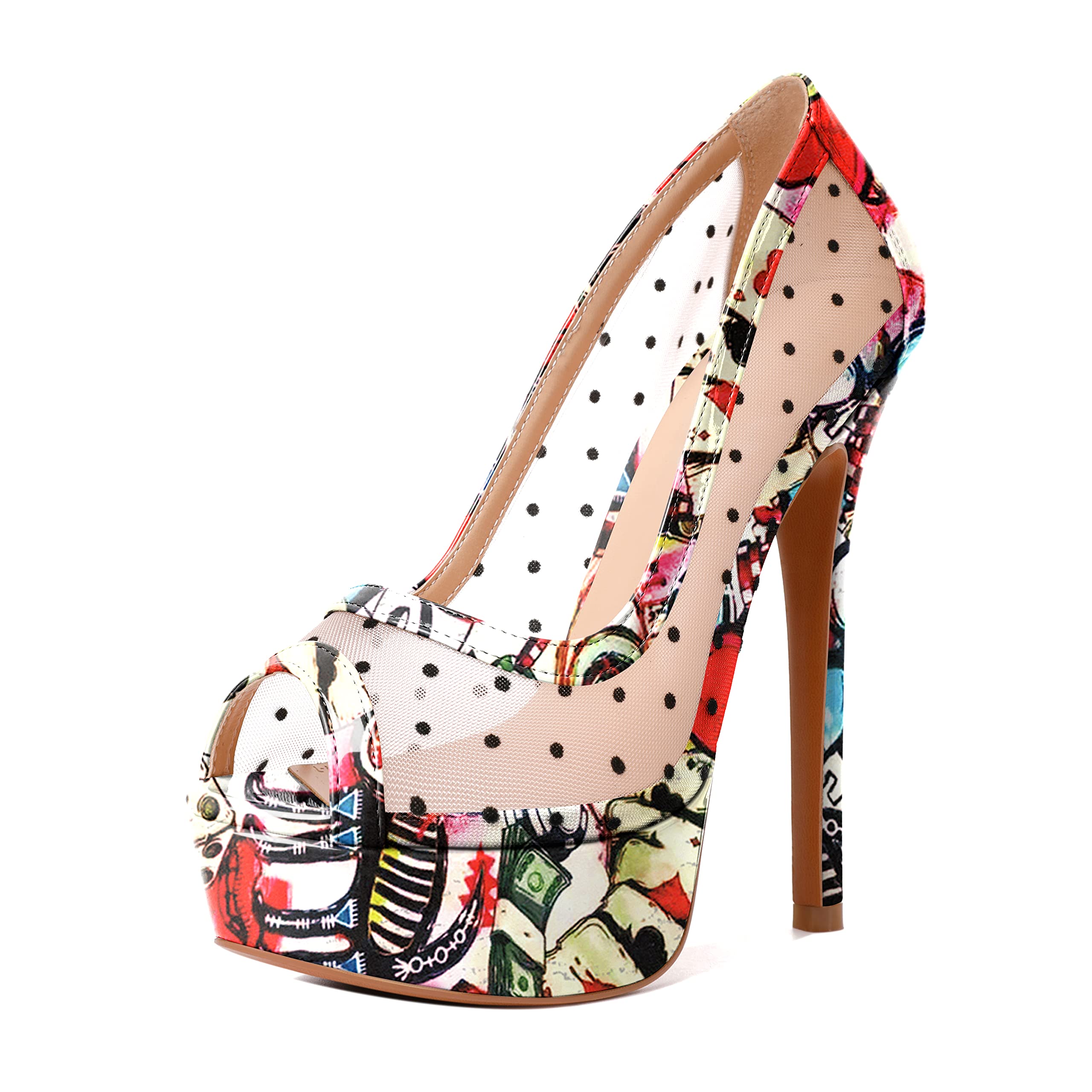 Women's Peep Toe High Heel Platform Stiletto Pumps Slip On Patent Mesh Polka Dot Heels 5.5" Party Wedding Dress Shoes