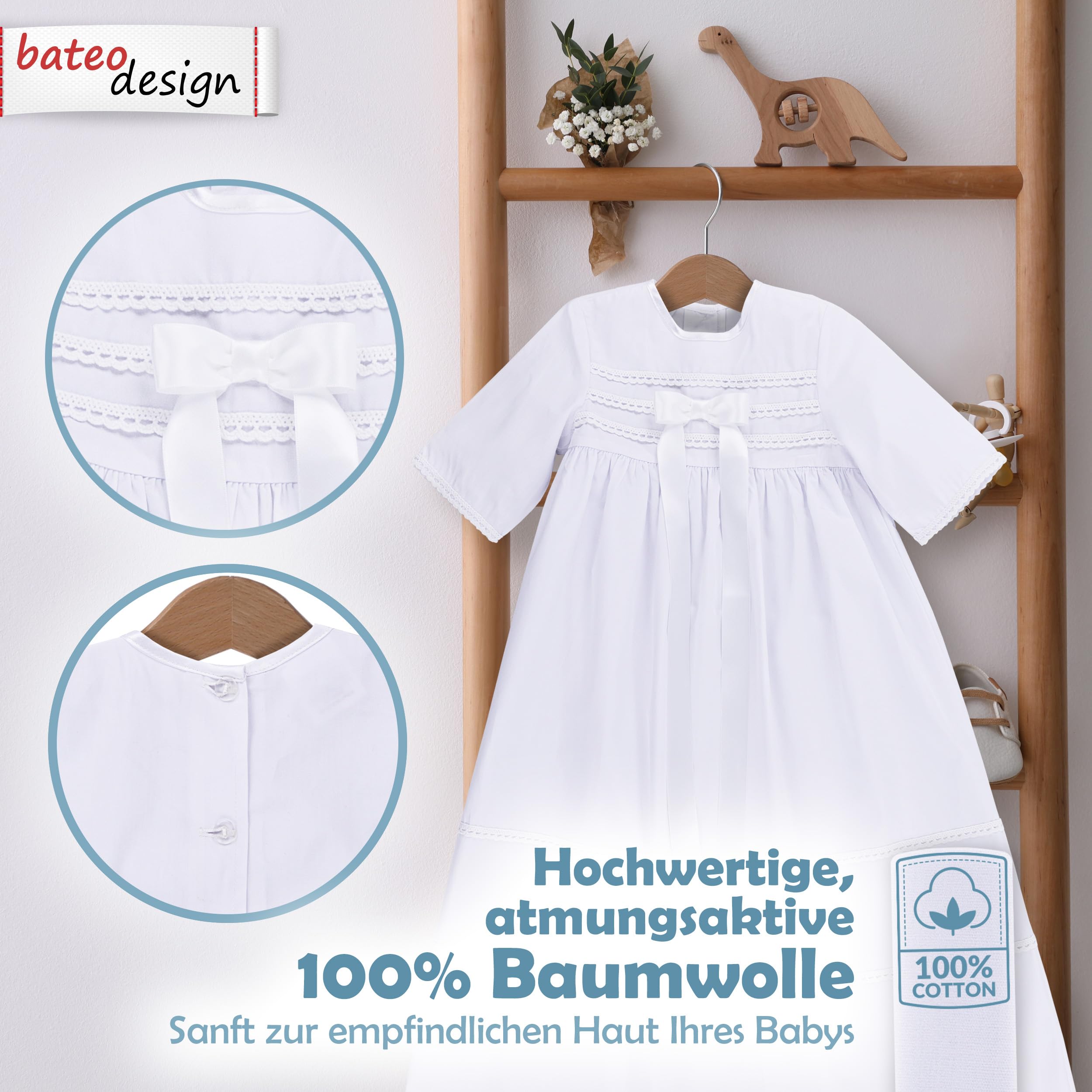 Baby Taufkleid aus Baumwolle Simon mit Schleife Weiß