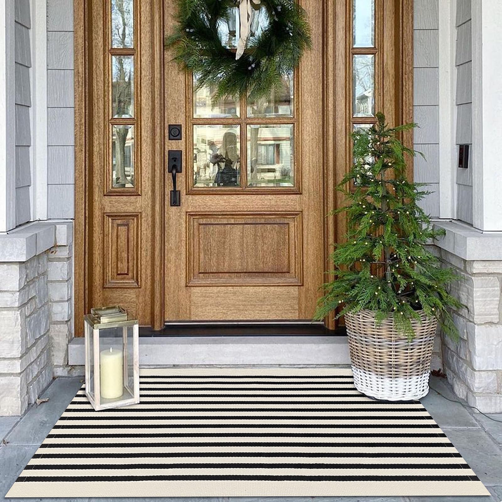 KOZYFLY Black and Beige Striped Porch Rug 27.5x43 Inches Area Rug Washable Outdoor Doormat Front Door Mat Cotton Striped Indoor Outdoor Rug for Front Door Kitchen Entryway Patio Porch — image 1