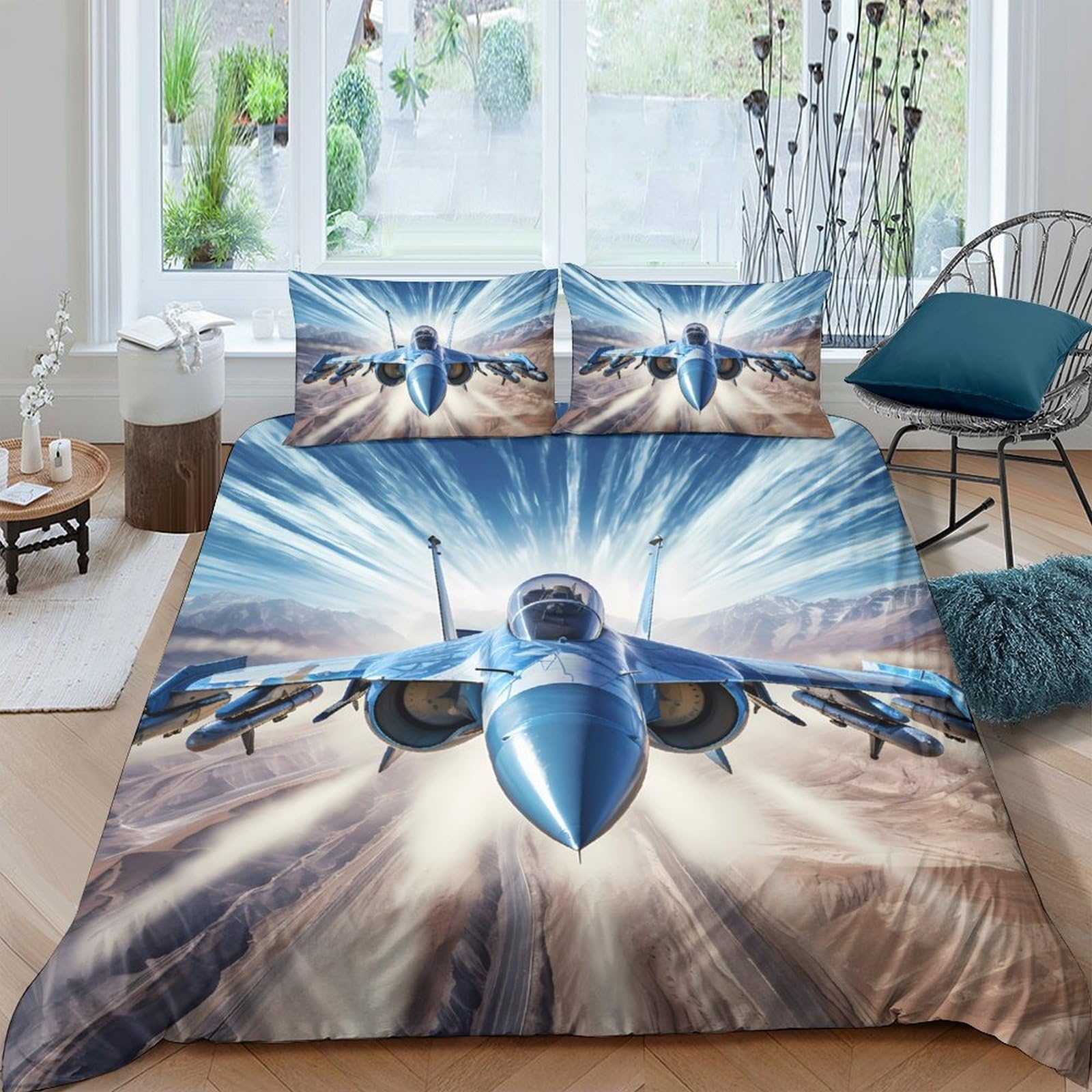 Ctjqhvkz Style-2 3D Printed Blue Fighter Jet Fitted Sheet Microfiber Soft Breathable Sky Flight Bed Cover For Bedroom Dorm Mattress Decor Single（135X200cm）