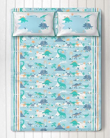Silverlinen Snooze & Roar Dinosaur 100% Cotton 250 TC King Bedsheet for Kids Room for Boys and Girls with Two Pillow Covers - Multicolour (108 Inch x 108 Inch)