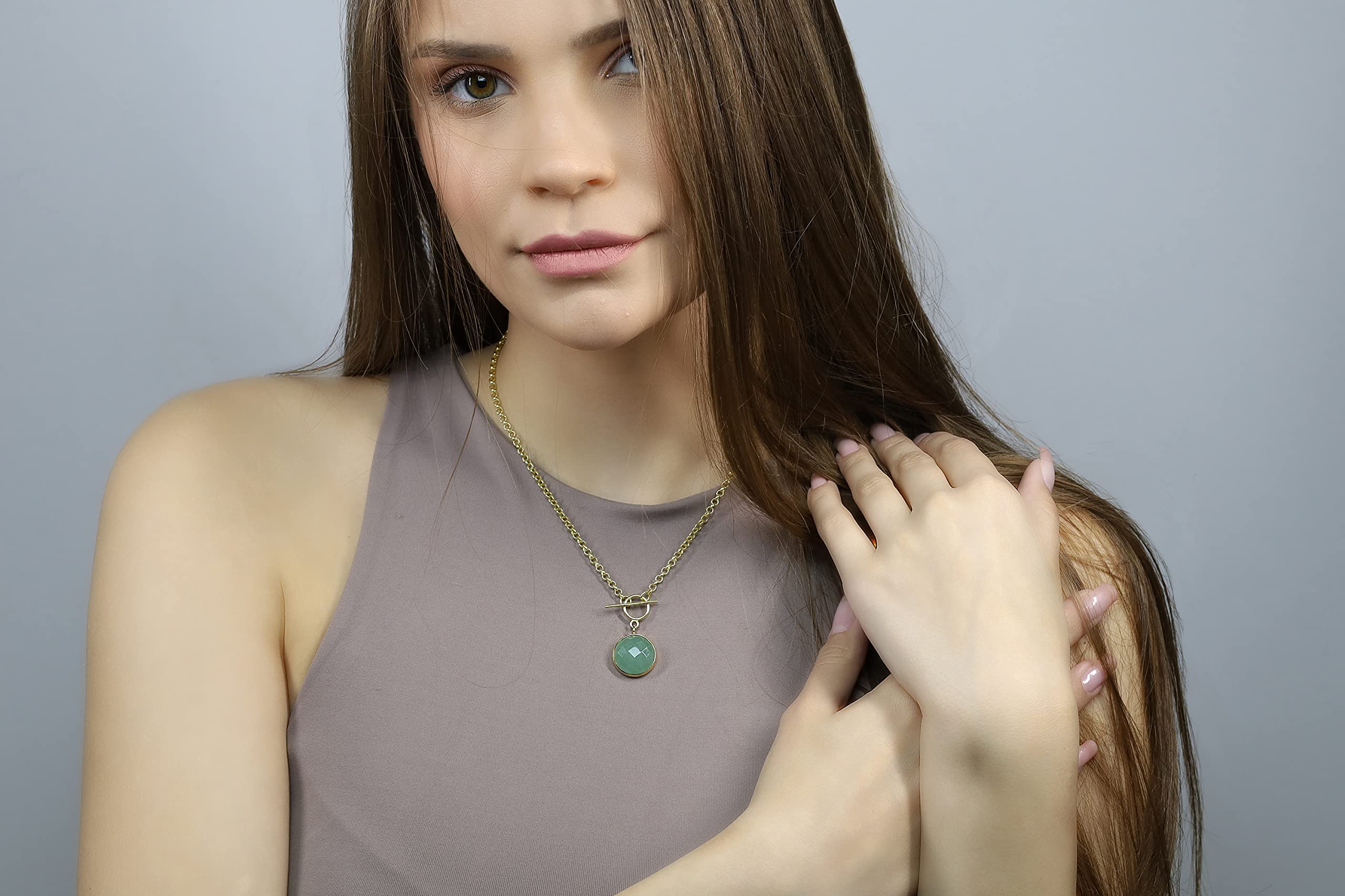 Aventurine Verte Collier Pendentif T-Lock - Pendentif à Breloque en Or - Résistant à la Ternissure - Pierre Précieuse Ronde Taillée en Rose - Couleur Verte Etonnante - Propriétés Minérales