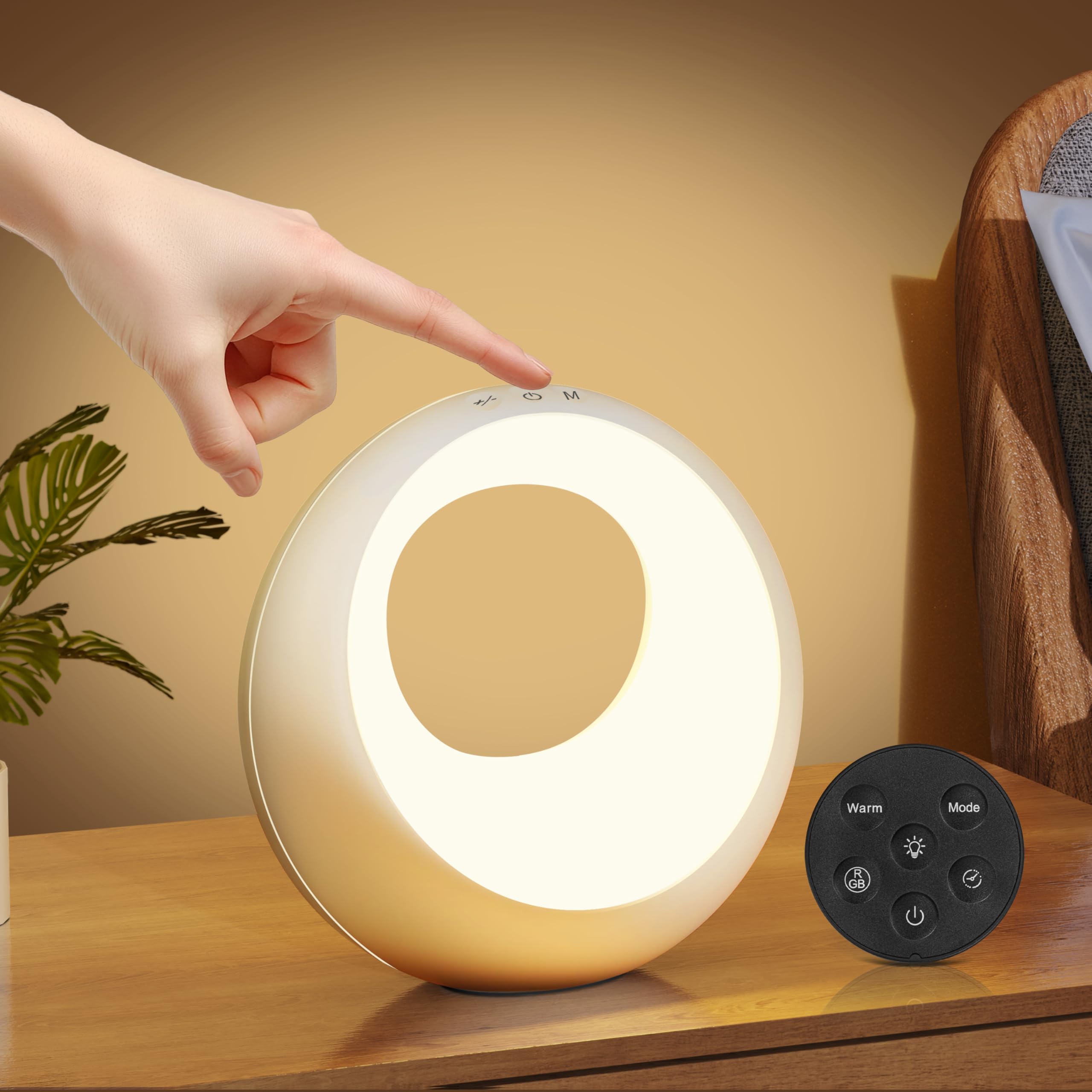 HOOMOOZ Lampada da Comodino, Luce Notturna Bambini a LED, Bajour Comodino Colori Dimmerabile RGB, 9 Modalità di Luce, Touch e Telecomando, Funzione Timer, Ricaricabile, per Camera da Letto, Soggiorno