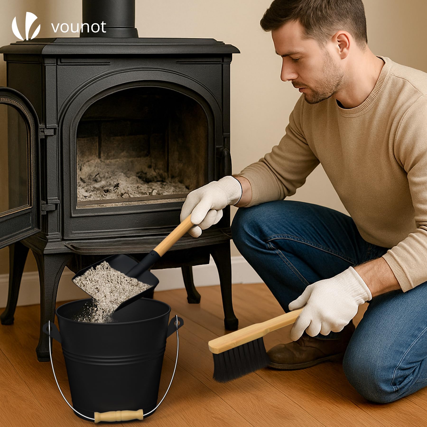 VOUNOT® Cubo Cenizas con Tapa y Set Barrido 5L Contenedor Ceniza con Asa, Pala y Escoba de Mano, Accesorios para Chimenea Estufa, Recipiente con Asas para Carbón y Restos de Leña, Metálico, Negro