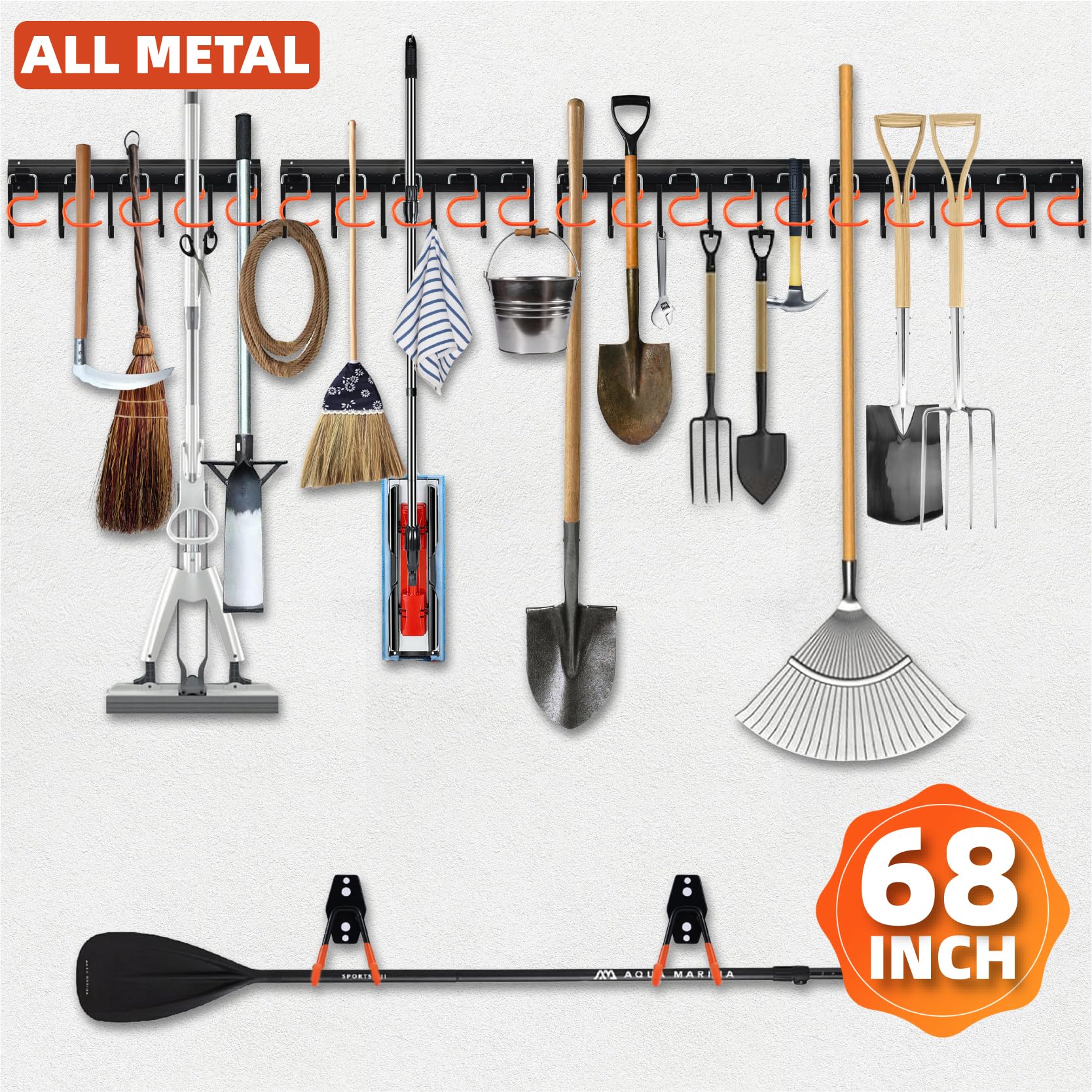 68" Garage/Jardin mural organisateur Garage & Locker avec petit crochet en U pour garage, vélos, échelles, vélos, chaises, balais, râteaux, pelles, pelles (4 rails)