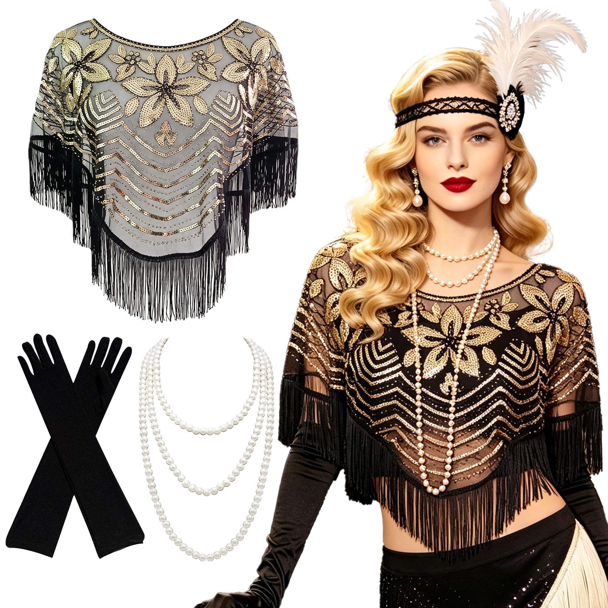 LaVenty Women's 1920s Black Gold Sequin Shawl Wraps Silk Gloves Pearl Necklace Fringe Capelet Gatsby Accessories for Harlem Night