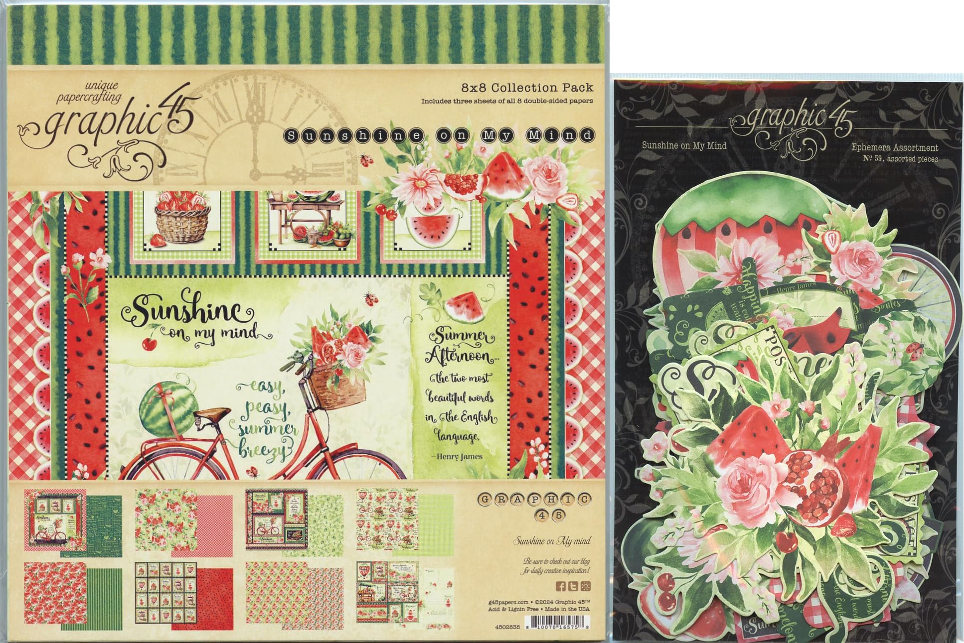 Graphic 45 Sunshine on my Mind Decorative Papers - 8x8 Paper Pack and Ephemera Die-Cuts