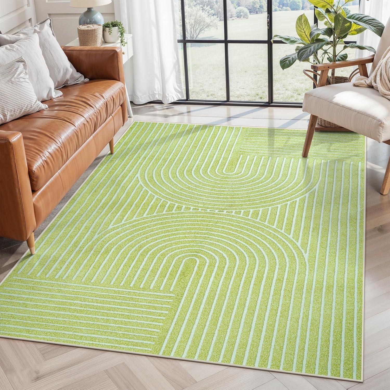 Collive Washable 4x6 Tufted Rug, Green Modern Rainbow Area Rug for Bedroom Non Slip, Boho High-Low Pile Abstract Art Decor Throw Indoor Carpet for Living Room Entryway Nursery