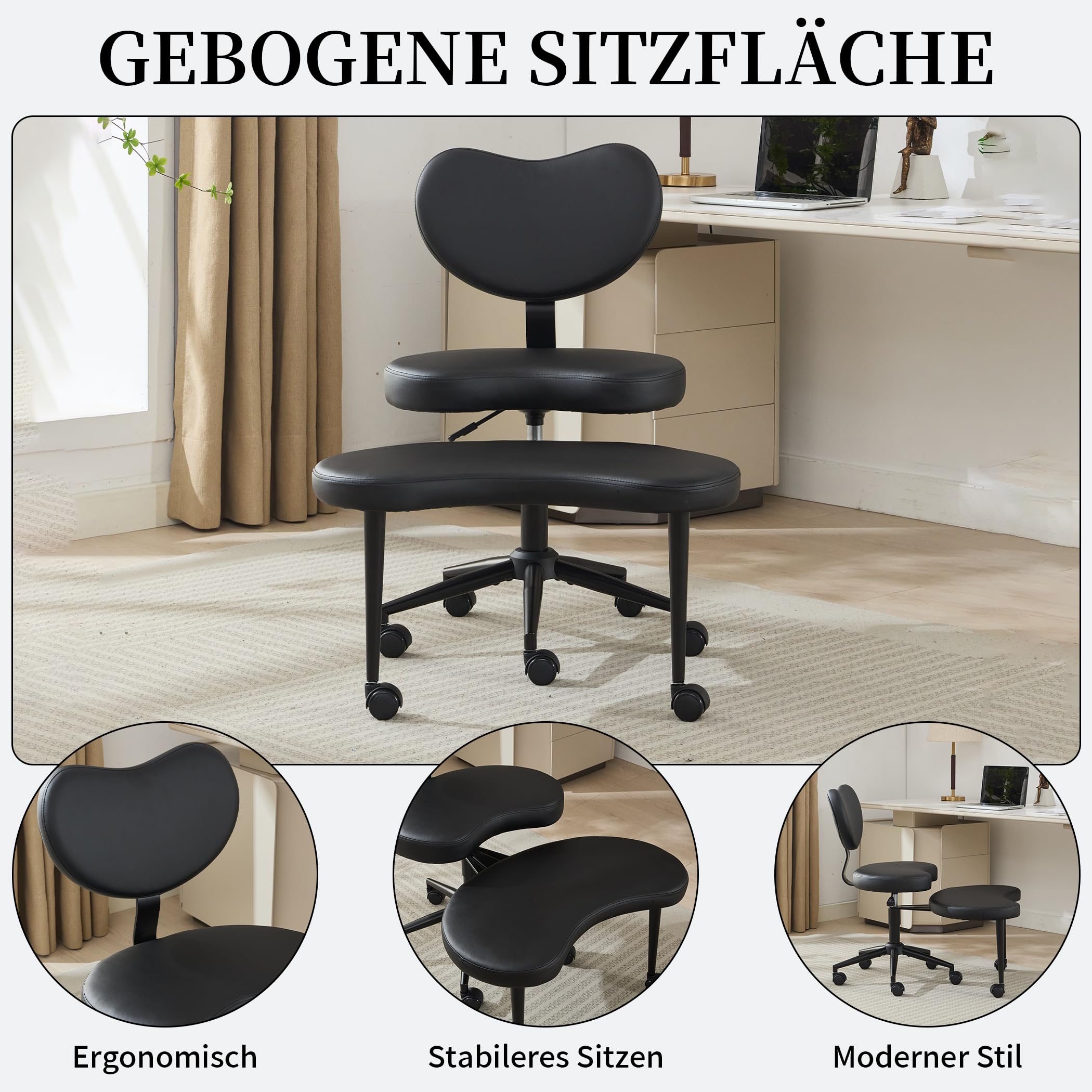 Sedia da meditazione al ginocchio, ergonomica, regolabile in altezza, con seduta girevole, in pelle PU, seduta curva, ideale per loto, sedile al ginocchio o posizione accovacciata (nero)