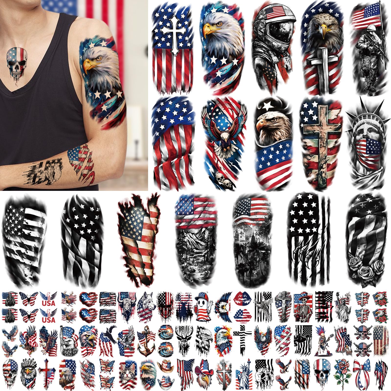 Independence Day Temporary Tattoos for Adults, 77 Sheets 4th of July Fake Tattoos Sleeve, Patriotic American Flag Waterproof Tattoo Stickers for Men