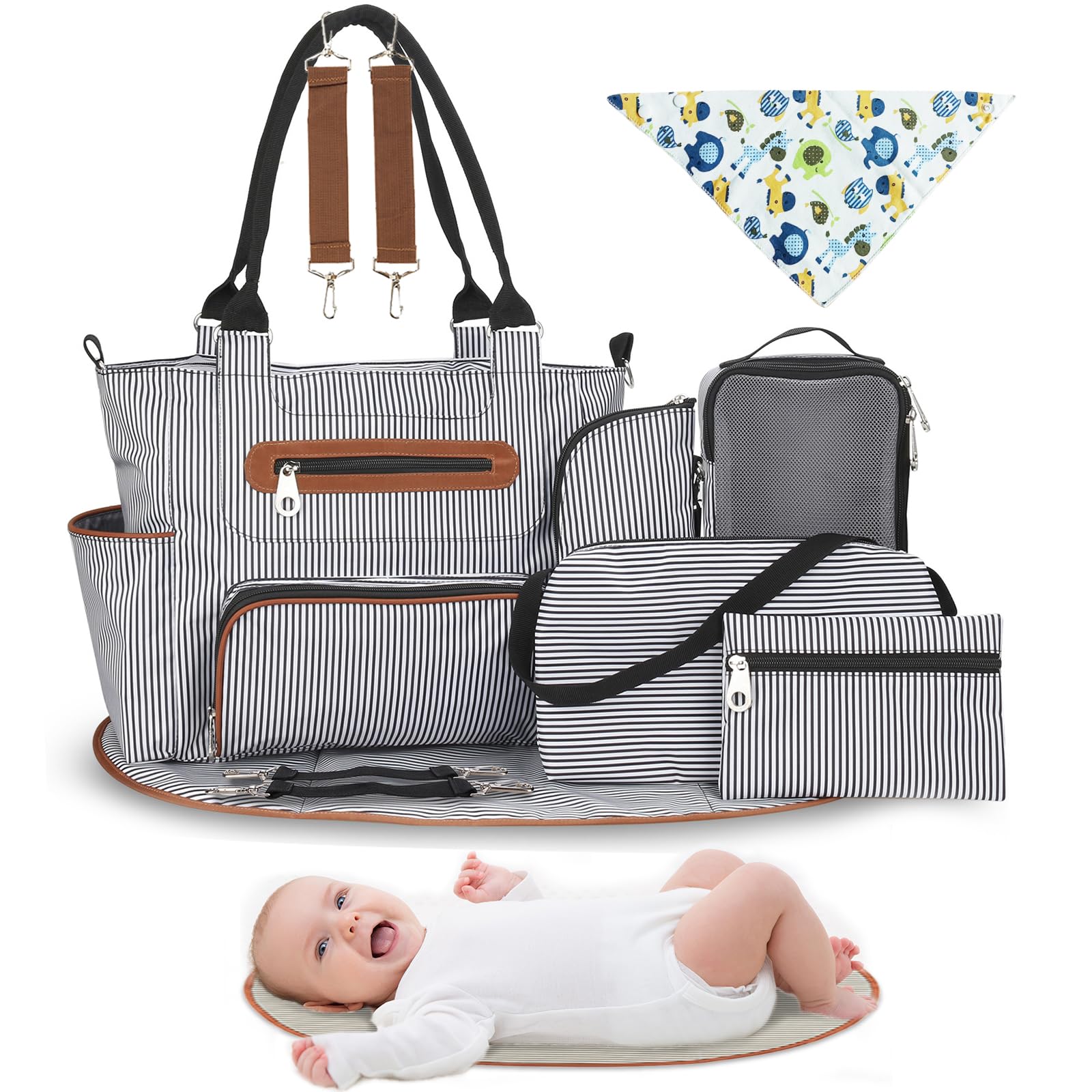 Moclever 8PCS Wickeltasche Tote Set, Baby Essentials Baby Tasche Multifunktionale Windel Wickeltaschen mit Flasche Tasche Mesh Tasche