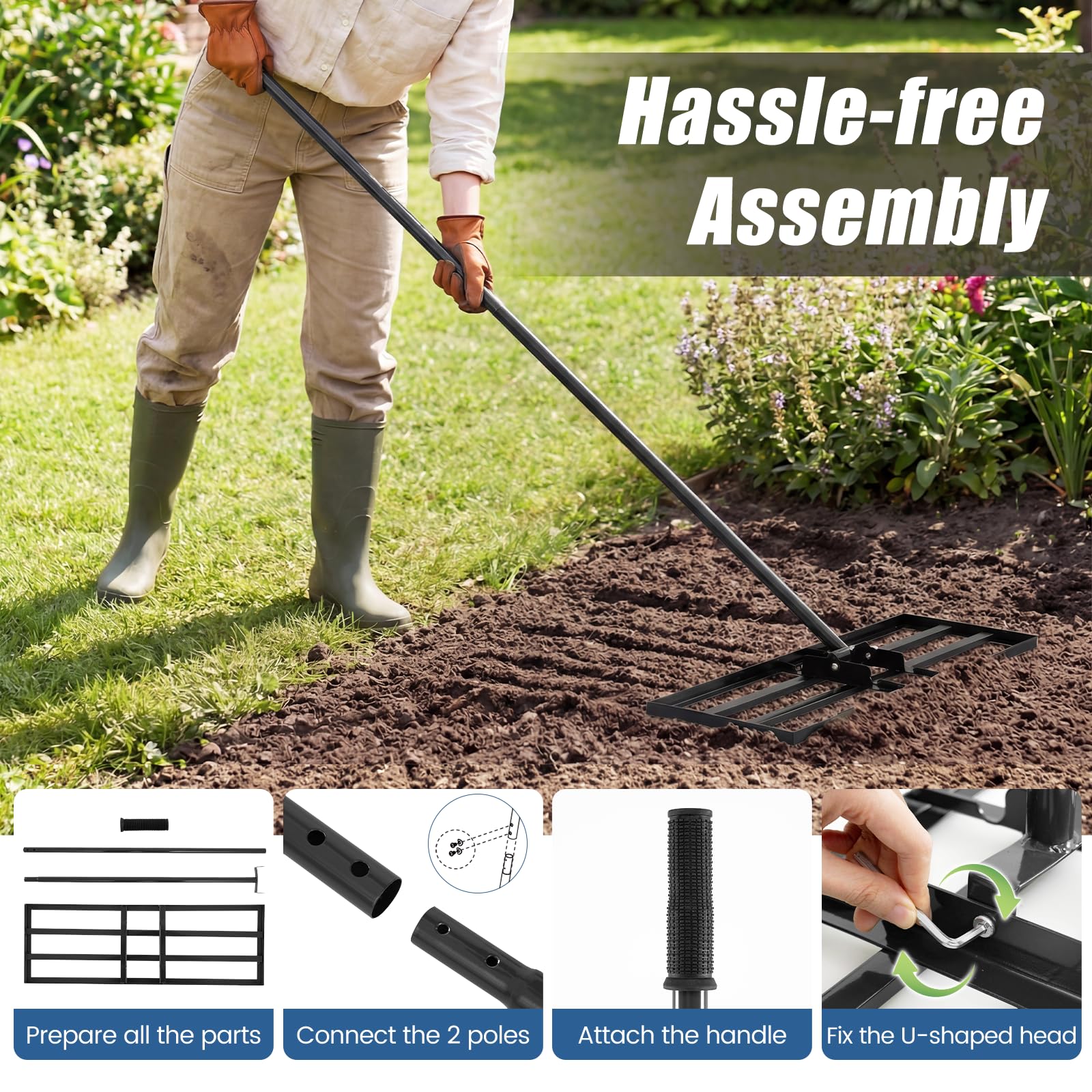 Rastrillo nivelador de césped de 30"/36"/42"/46" x 10", nivelador de césped de acero con recubrimiento en polvo con mango largo de 77", herramienta para nivelar el suelo en jardines, césped, campos