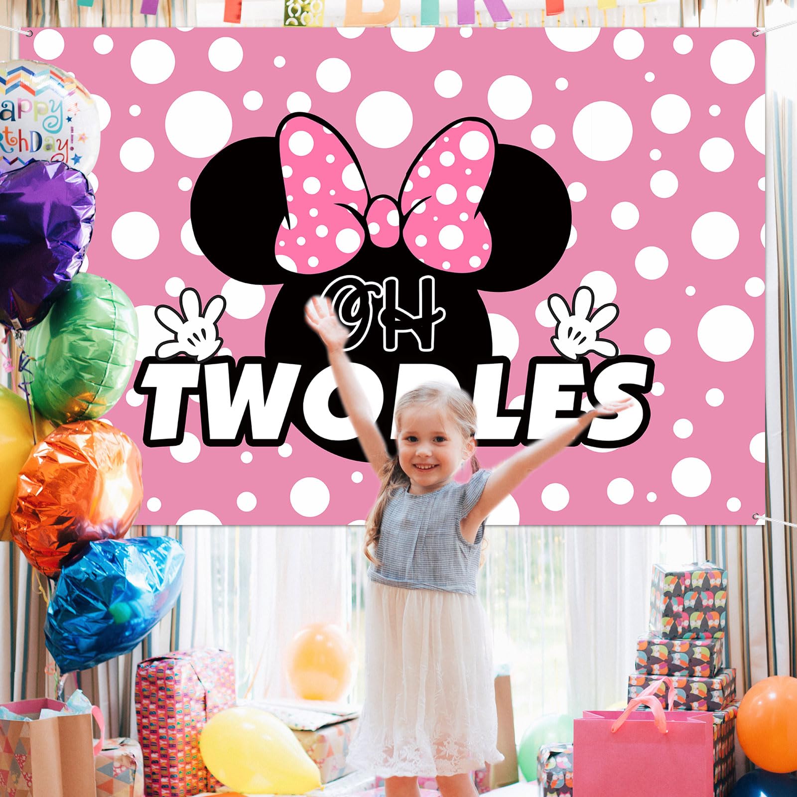 Oh Twodles - Pancarta de fondo rosa con dibujos animados de feliz segundo cumpleaños, decoración de fiesta temática de animación a dos años de edad, suministros de fondo de fotografía para niñas