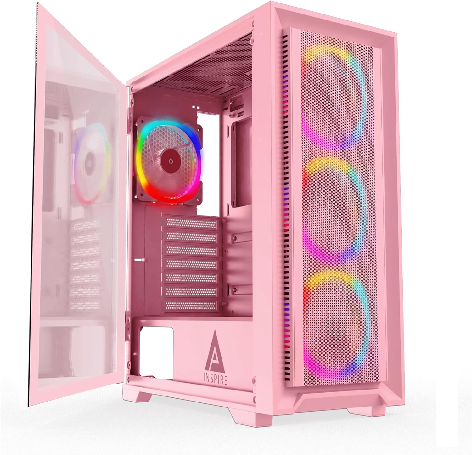 Apevia Inspire-PK Inspire Mid Tower ATX Gaming PC Case w/ 4X 120mm ARGB Fans, 366 RGB Light Modes, 1x Metal Mesh Airflow Front Panel, 1x Door Swivel Style Magnetic Glass Side Panel, 2X USB3.0, Pink Apevia Inspire-PK Inspire Mid Tower ATX Gaming PC Case w/ 4X 120mm ARGB Fans, 366 RGB Light Modes, 1x Metal Mesh Airflow Front Panel, 1x Door Swivel Style Magnetic Glass Side Panel, 2X USB3.0, Pink